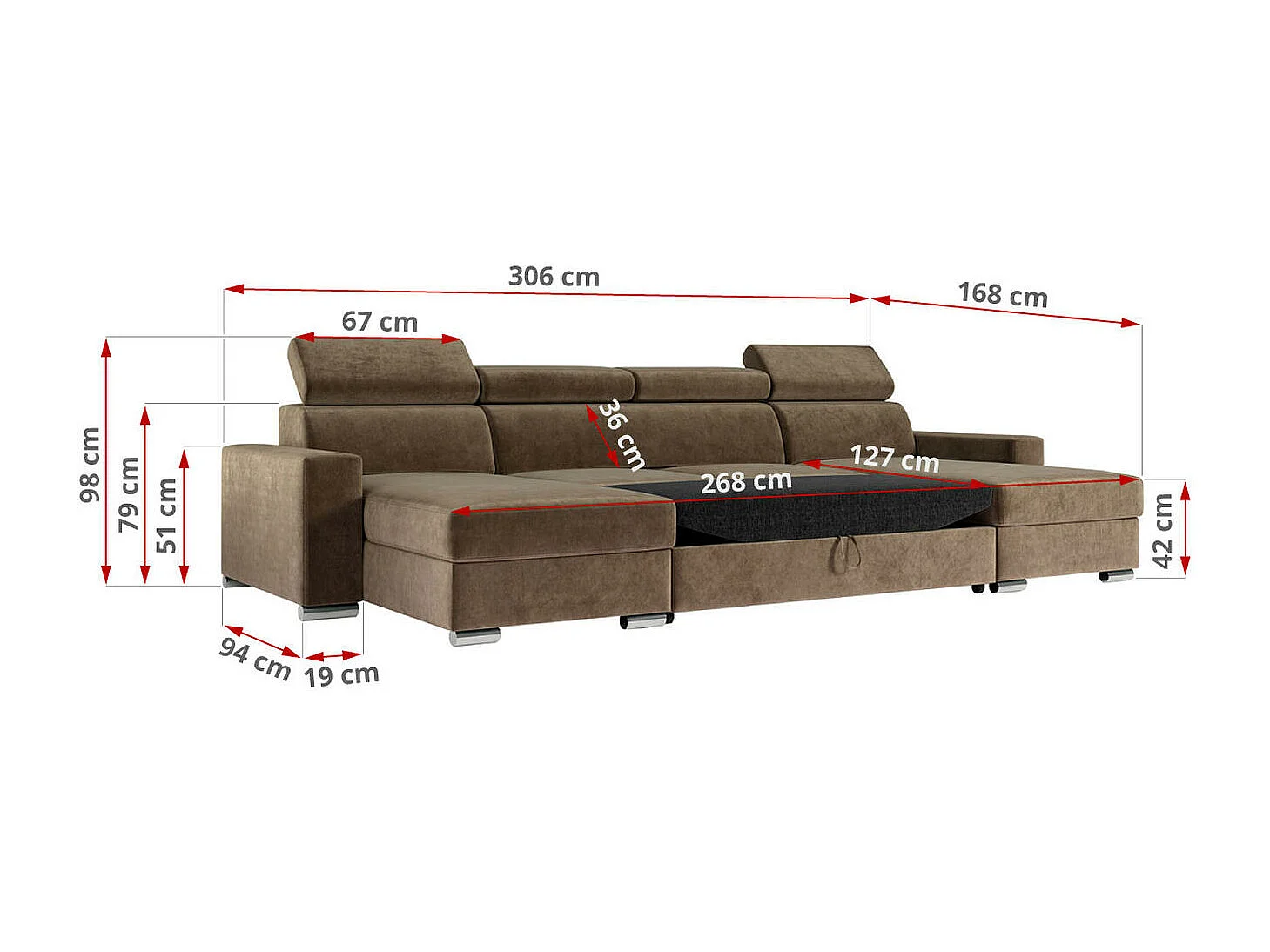 Ecksofa FOX U - verstellbare Kopfstützen, zwei Bettkästen, L-förmige Ecke mit Schlaffunktion, Armlehnen - Braun, Velvet
