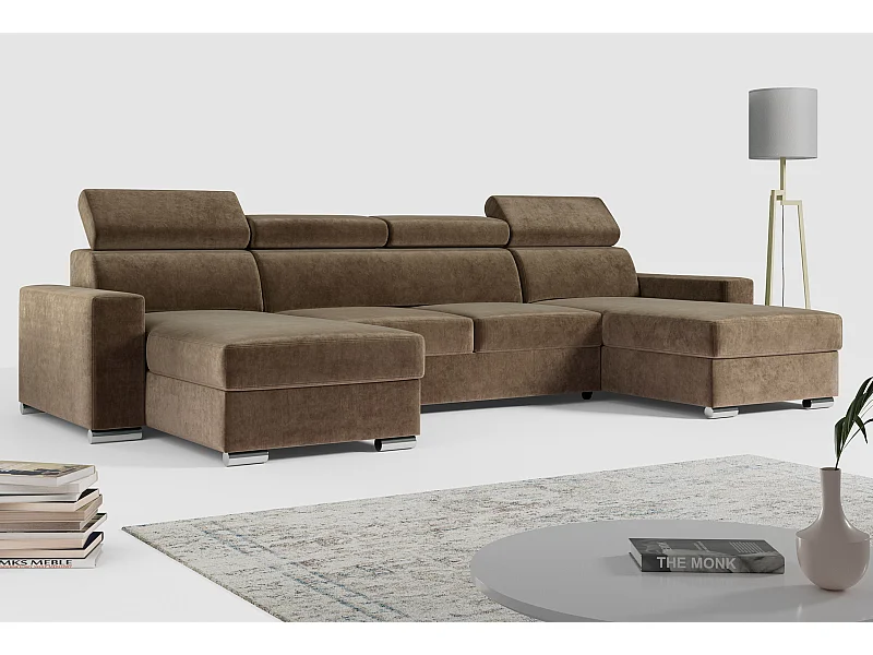 Ecksofa FOX U - verstellbare Kopfstützen, zwei Bettkästen, L-förmige Ecke mit Schlaffunktion, Armlehnen - Braun, Velvet