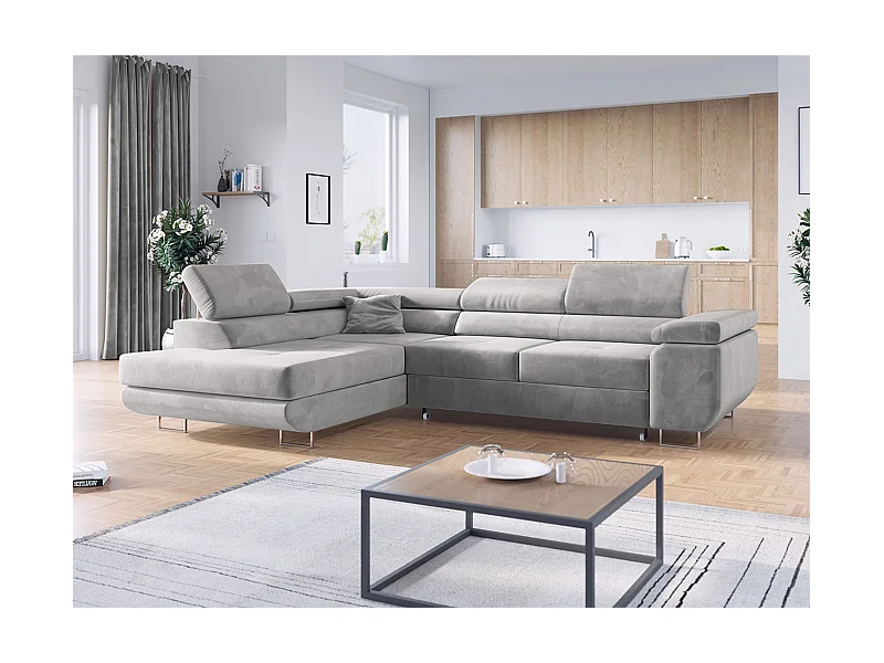 Ecksofa GUSTAW - mit Schlaffunktion, verstellbare Kopfstützen, Metallbeine - Hellgrau Velvet - Ecke Links