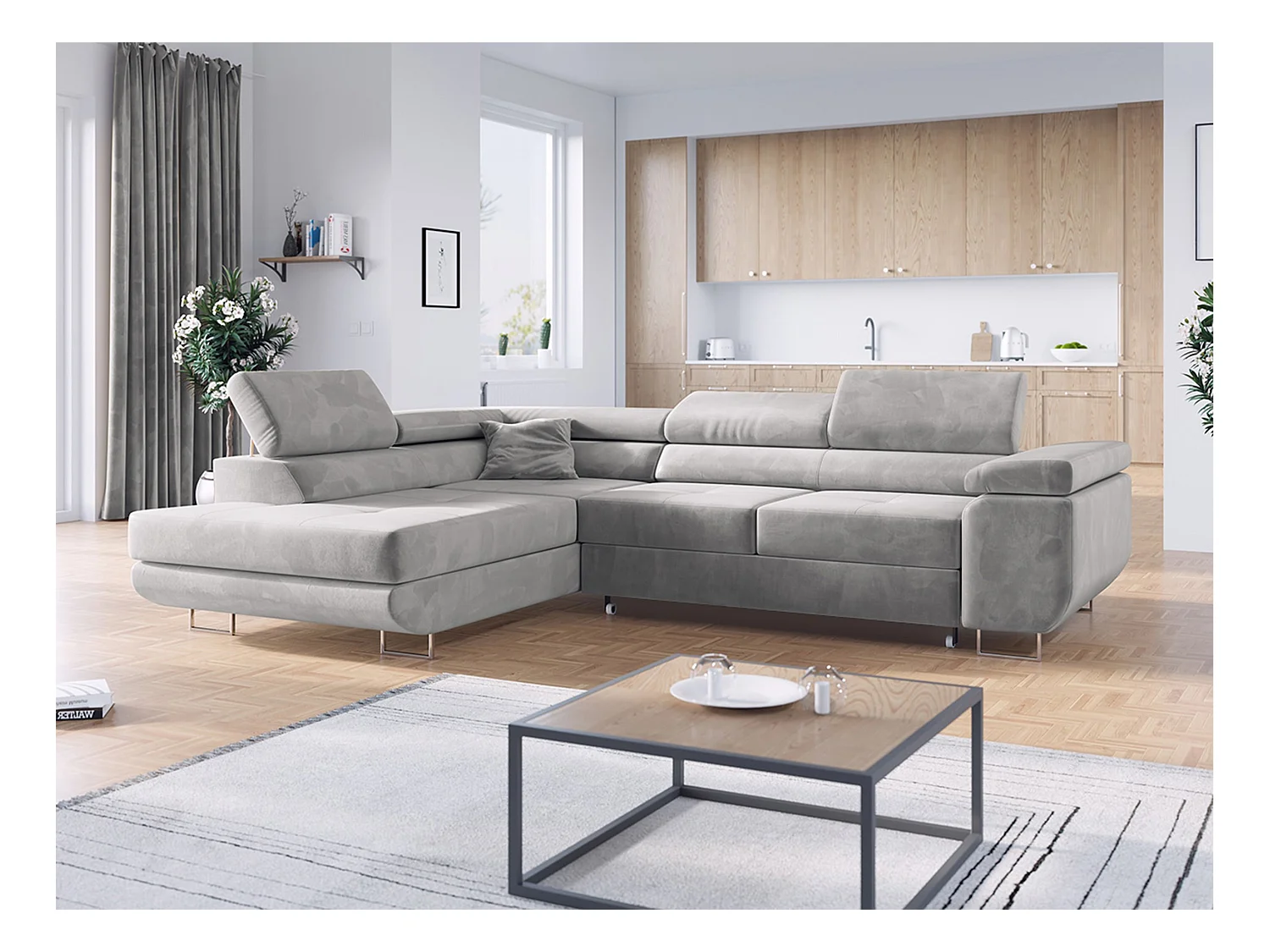 Ecksofa GUSTAW - mit Schlaffunktion, verstellbare Kopfstützen, Metallbeine - Hellgrau Velvet - Ecke Links