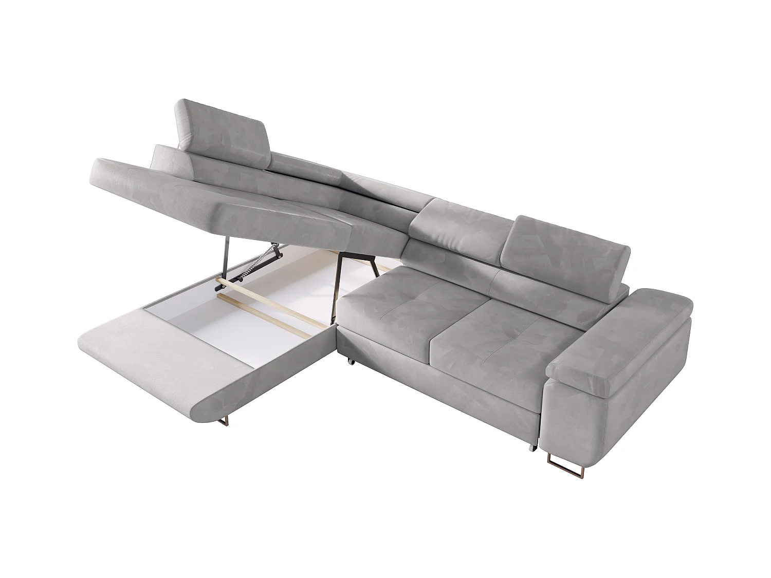 Ecksofa GUSTAW - mit Schlaffunktion, verstellbare Kopfstützen, Metallbeine - Hellgrau Velvet - Ecke Links