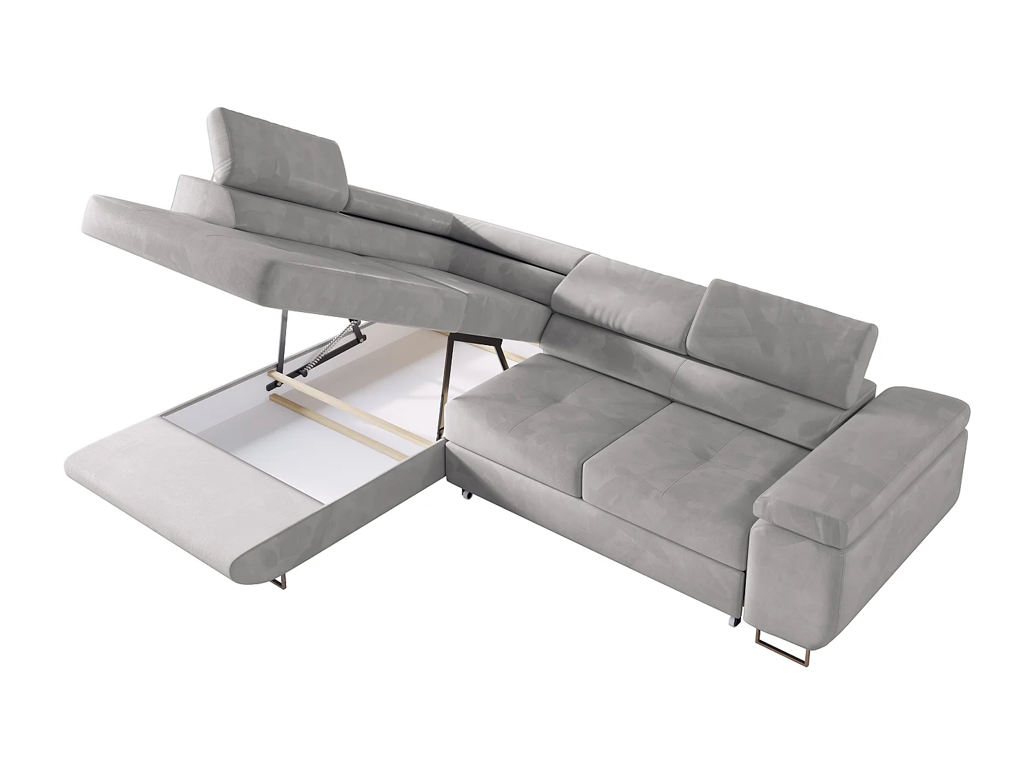 Ecksofa GUSTAW - mit Schlaffunktion, verstellbare Kopfstützen, Metallbeine - Hellgrau Velvet - Ecke Links