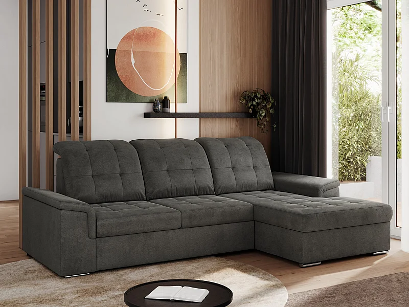 Ecksofa MADRITO - mit verstellbarer Rückenlehne, Armlehnen, gestepptem Sitz und Rückenlehne, Schlaffunktion - Dunkelgrau Velvet - Ecke Rechts