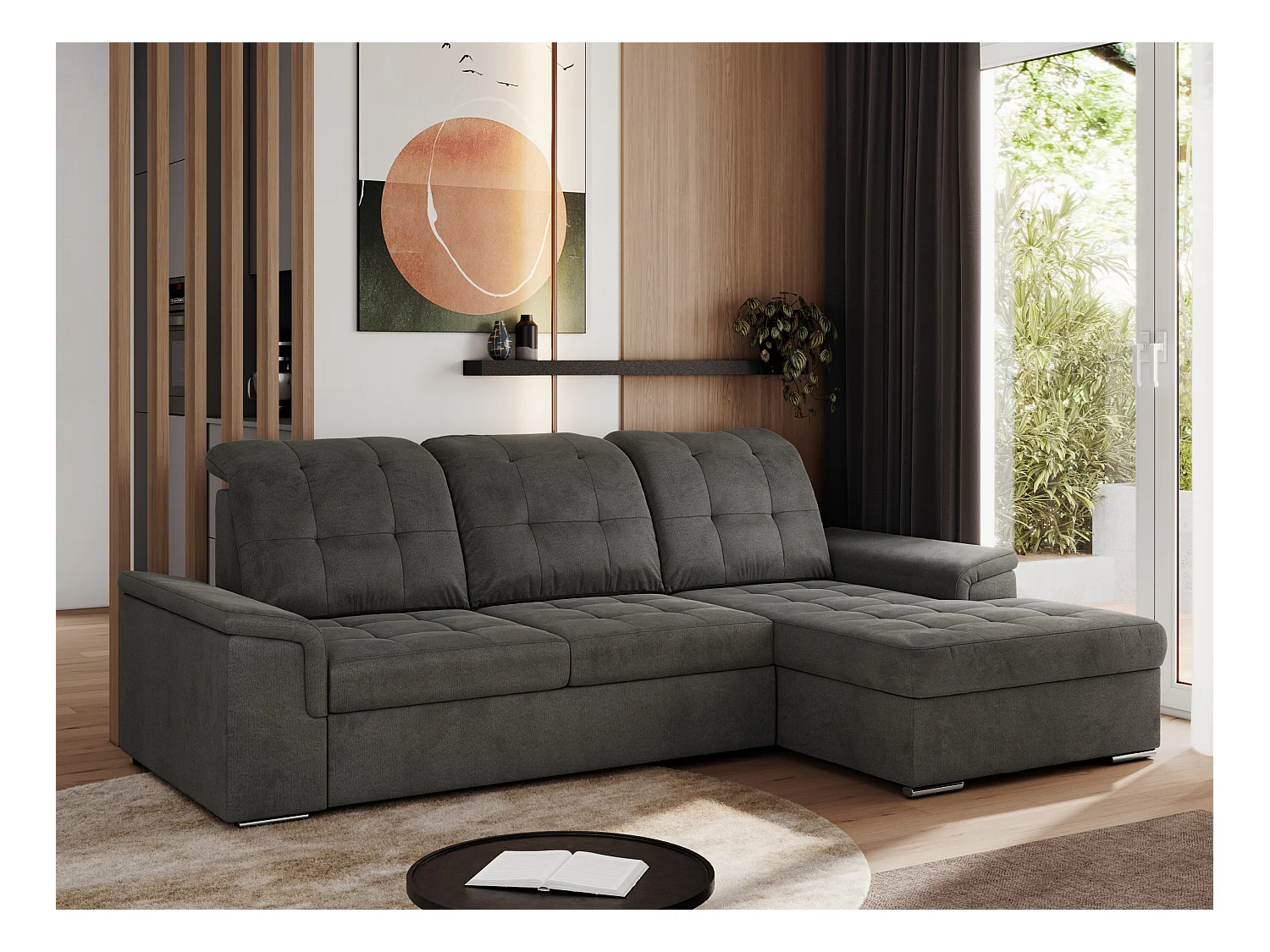 Ecksofa MADRITO - mit verstellbarer Rückenlehne, Armlehnen, gestepptem Sitz und Rückenlehne, Schlaffunktion - Dunkelgrau Velvet - Ecke Rechts