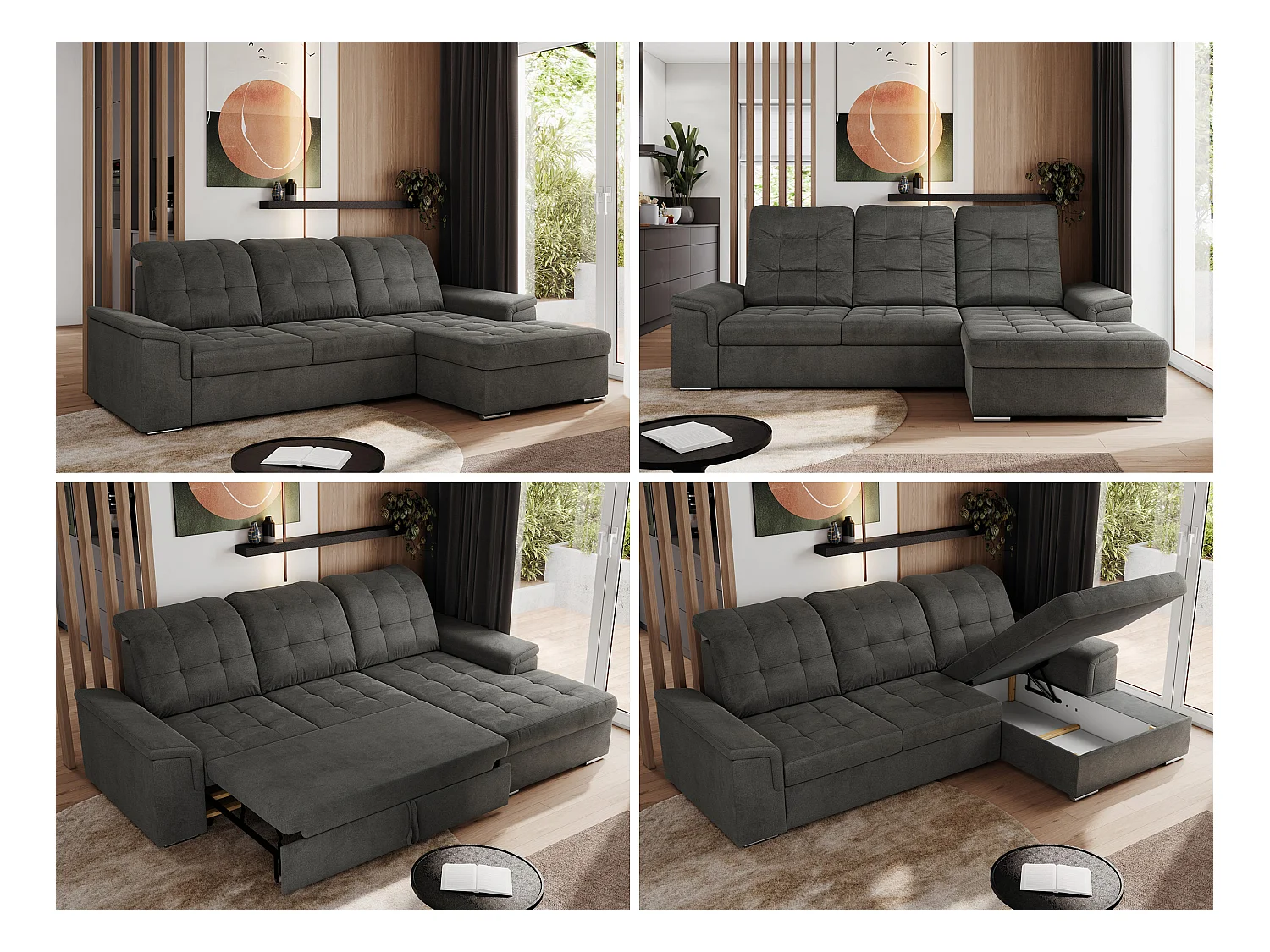 Ecksofa MADRITO - mit verstellbarer Rückenlehne, Armlehnen, gestepptem Sitz und Rückenlehne, Schlaffunktion - Dunkelgrau Velvet - Ecke Rechts