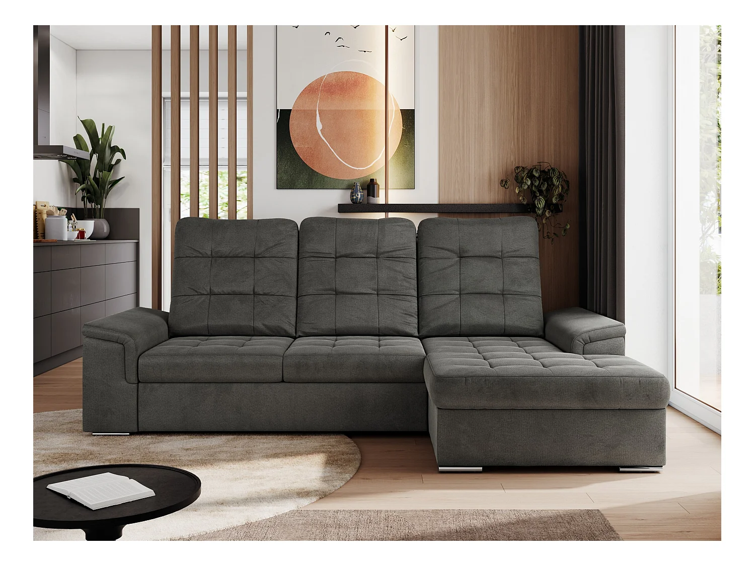 Ecksofa MADRITO - mit verstellbarer Rückenlehne, Armlehnen, gestepptem Sitz und Rückenlehne, Schlaffunktion - Dunkelgrau Velvet - Ecke Rechts