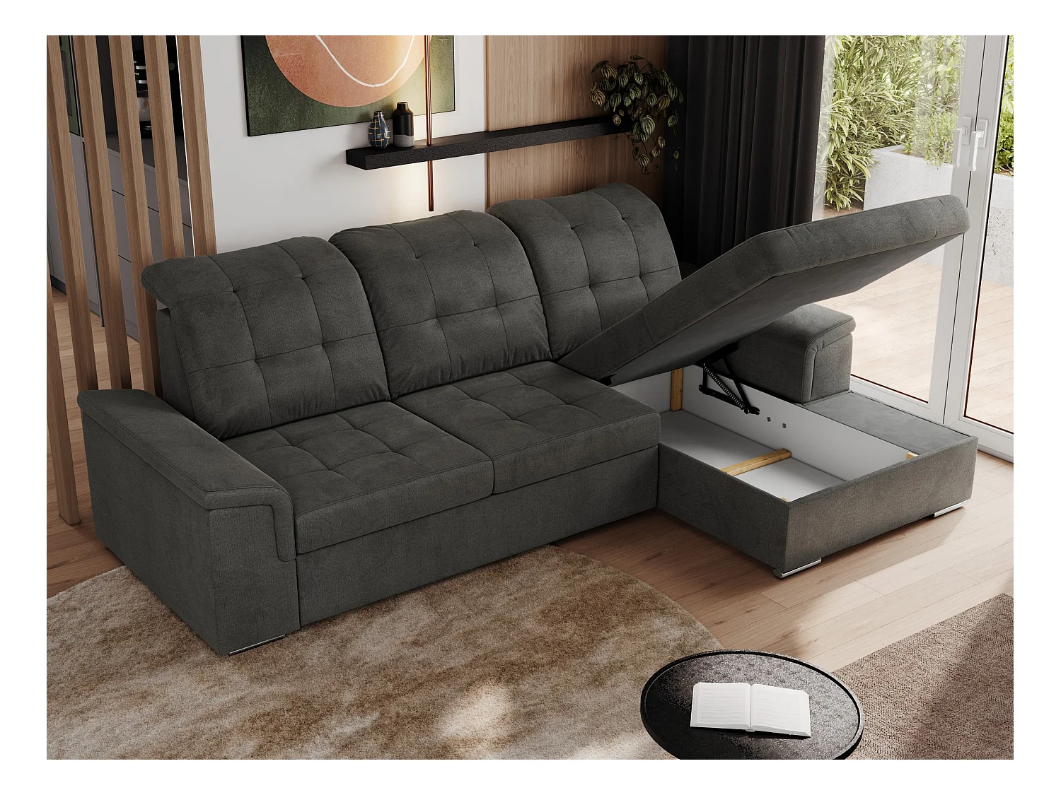 Ecksofa MADRITO - mit verstellbarer Rückenlehne, Armlehnen, gestepptem Sitz und Rückenlehne, Schlaffunktion - Dunkelgrau Velvet - Ecke Rechts