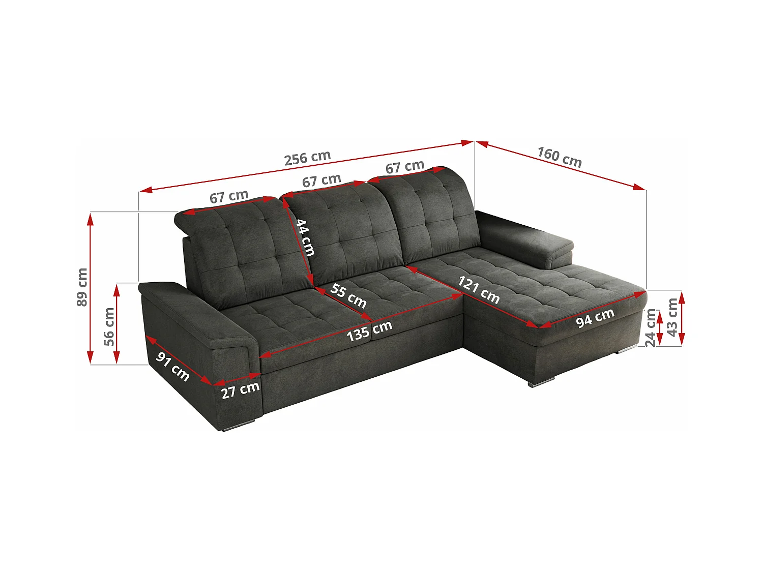 Ecksofa MADRITO - mit verstellbarer Rückenlehne, Armlehnen, gestepptem Sitz und Rückenlehne, Schlaffunktion - Dunkelgrau Velvet - Ecke Rechts