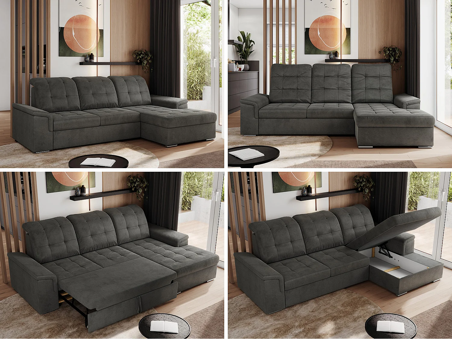 Ecksofa MADRITO - mit verstellbarer Rückenlehne, Armlehnen, gestepptem Sitz und Rückenlehne, Schlaffunktion - Dunkelgrau Velvet - Ecke Rechts