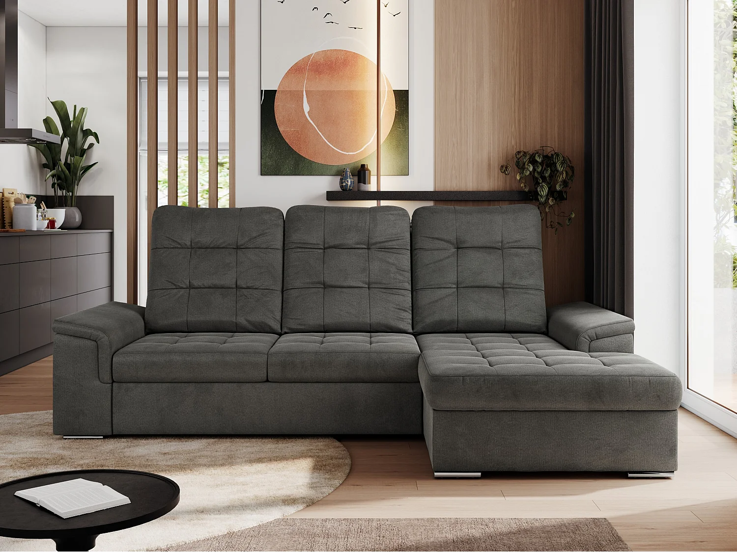 Ecksofa MADRITO - mit verstellbarer Rückenlehne, Armlehnen, gestepptem Sitz und Rückenlehne, Schlaffunktion - Dunkelgrau Velvet - Ecke Rechts