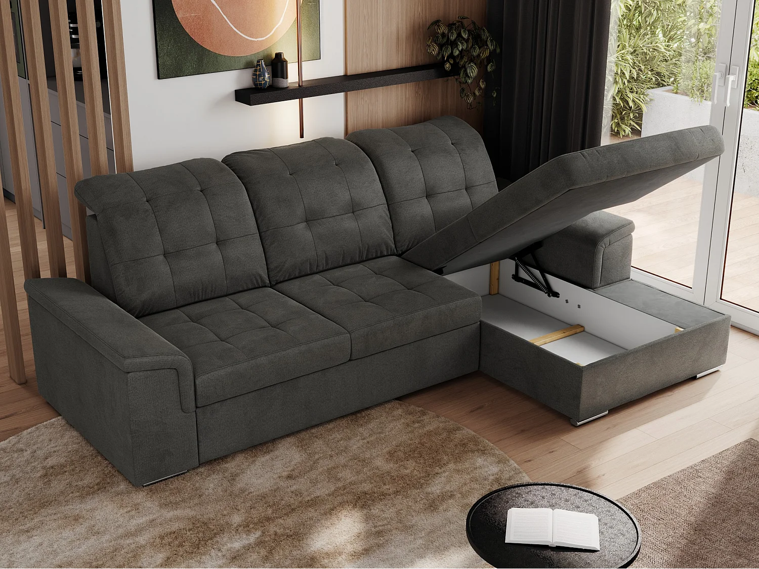 Ecksofa MADRITO - mit verstellbarer Rückenlehne, Armlehnen, gestepptem Sitz und Rückenlehne, Schlaffunktion - Dunkelgrau Velvet - Ecke Rechts