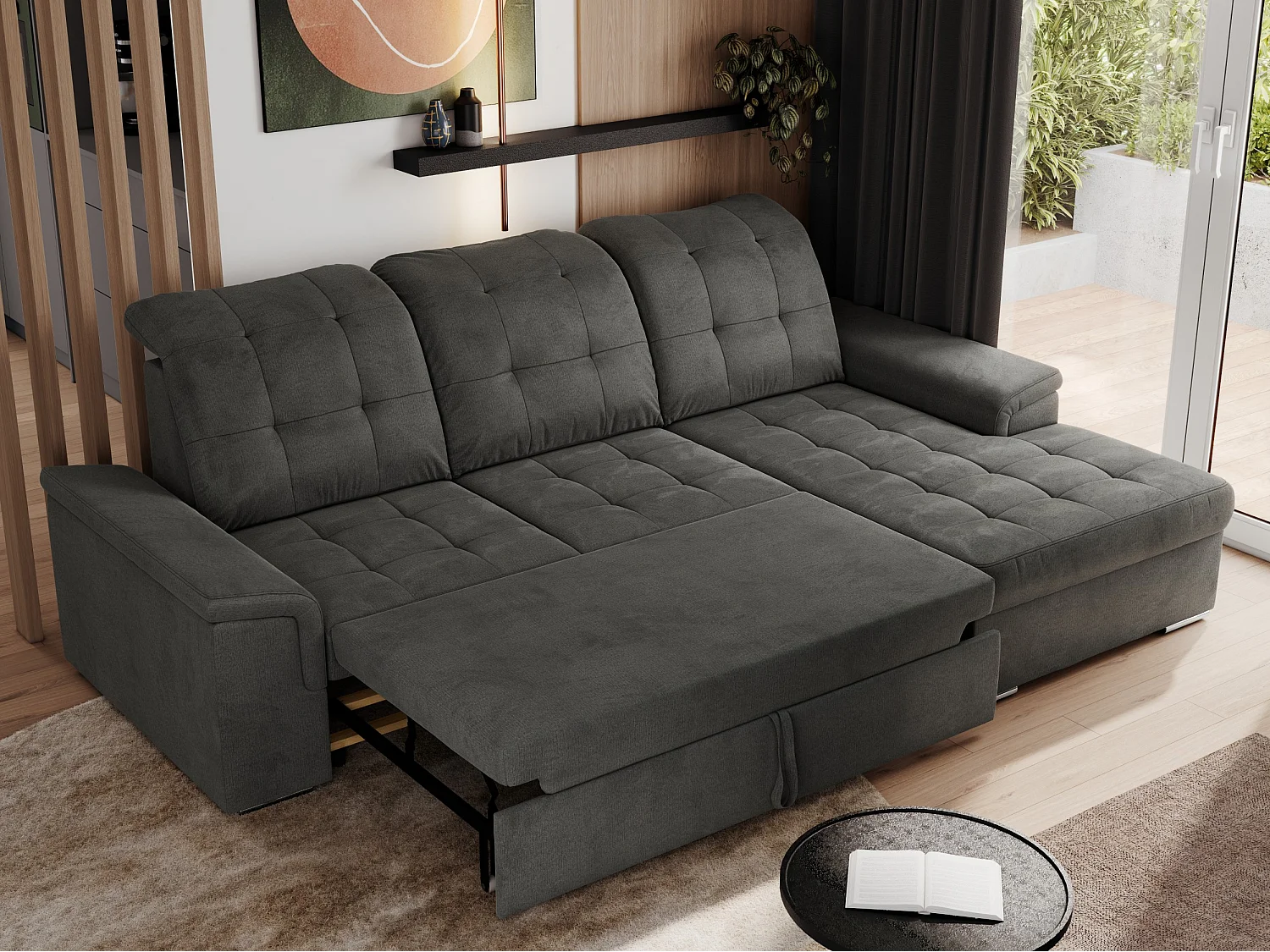 Ecksofa MADRITO - mit verstellbarer Rückenlehne, Armlehnen, gestepptem Sitz und Rückenlehne, Schlaffunktion - Dunkelgrau Velvet - Ecke Rechts