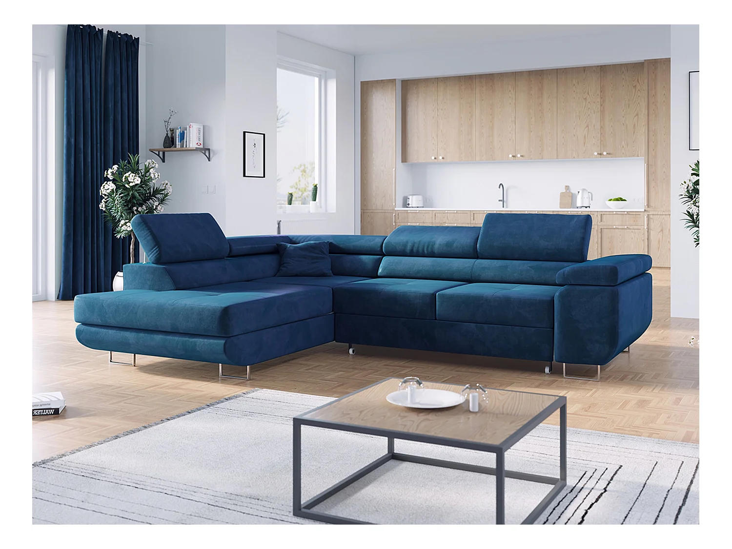 Ecksofa GUSTAW - mit Schlaffunktion, verstellbare Kopfstützen, Metallbeine - Dunkelblau Velvet - Ecke Links