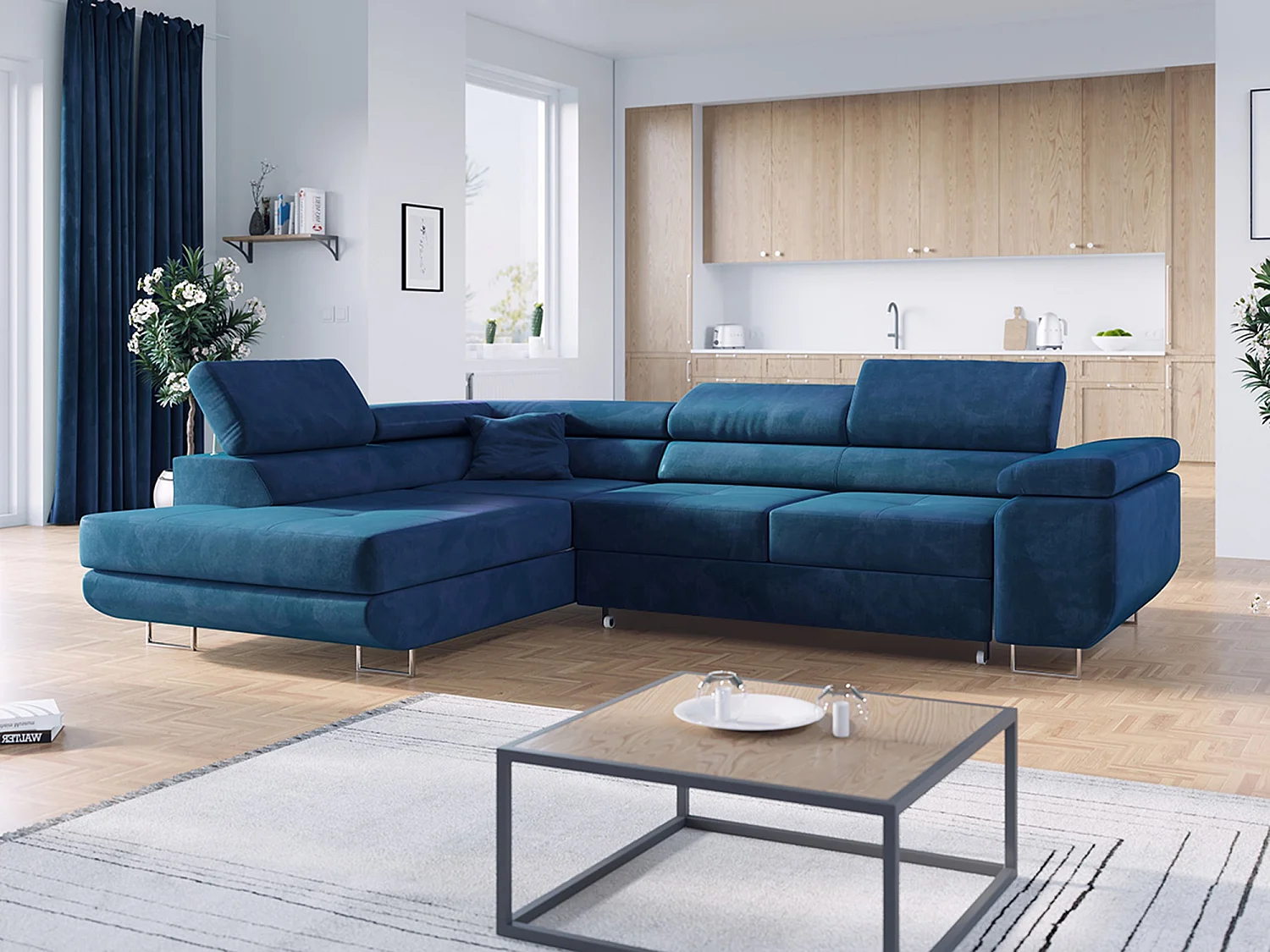 Ecksofa GUSTAW - mit Schlaffunktion, verstellbare Kopfstützen, Metallbeine - Dunkelblau Velvet - Ecke Links