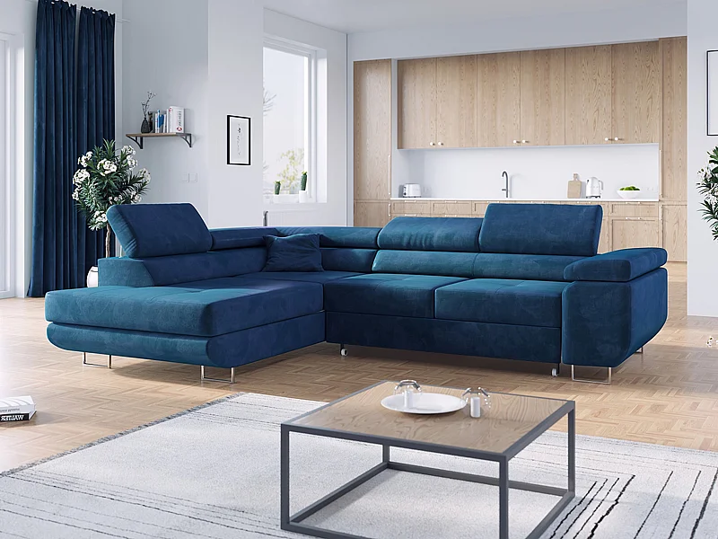 Ecksofa GUSTAW - mit Schlaffunktion, verstellbare Kopfstützen, Metallbeine - Dunkelblau Velvet - Ecke Links