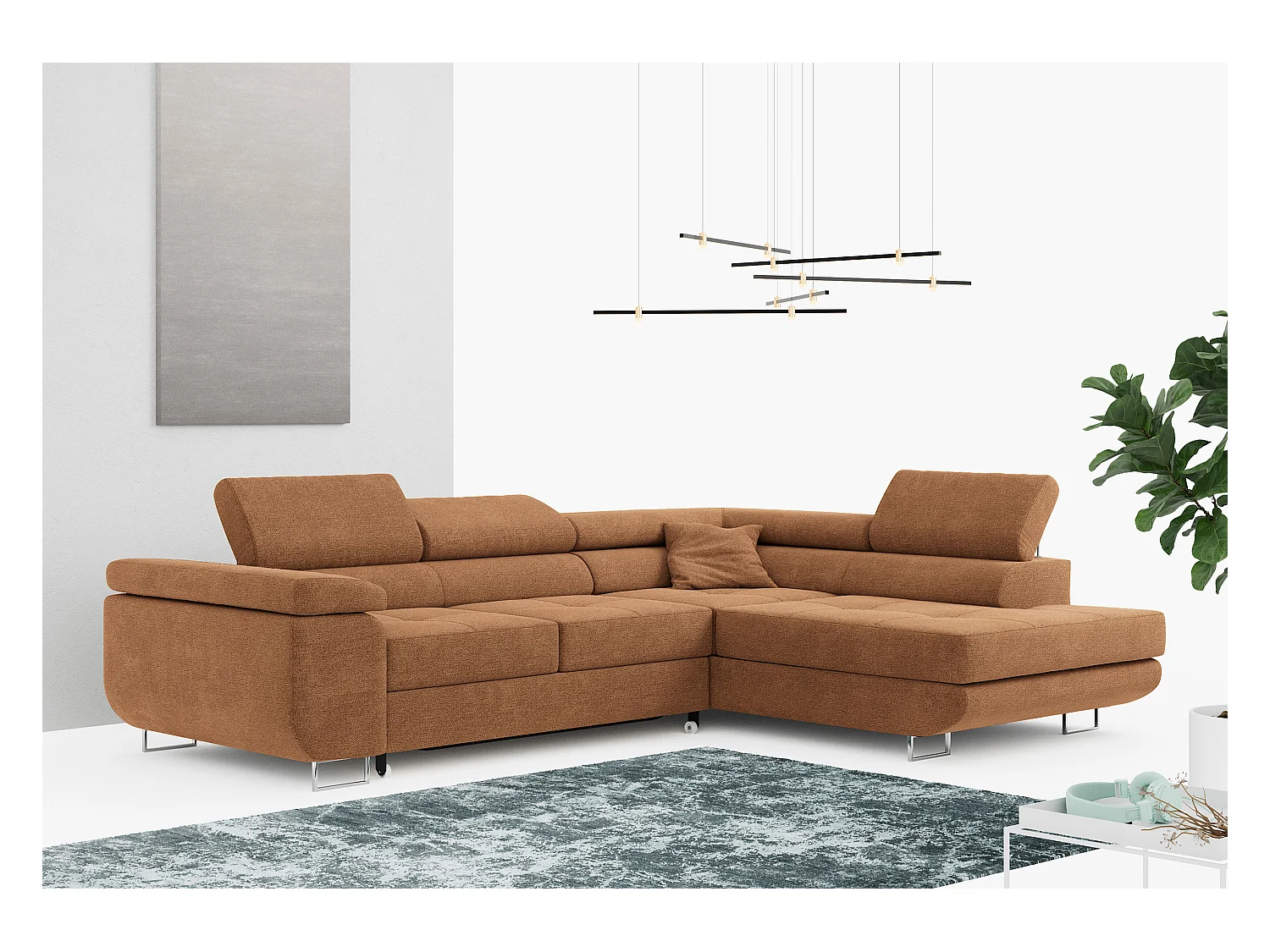 Ecksofa GUSTAW - mit Schlaffunktion, verstellbare Kopfstützen, Metallbeine - Orange Stukture - Ecke Rechts