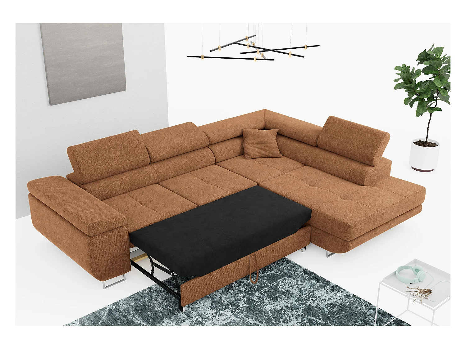 Ecksofa GUSTAW - mit Schlaffunktion, verstellbare Kopfstützen, Metallbeine - Orange Stukture - Ecke Rechts