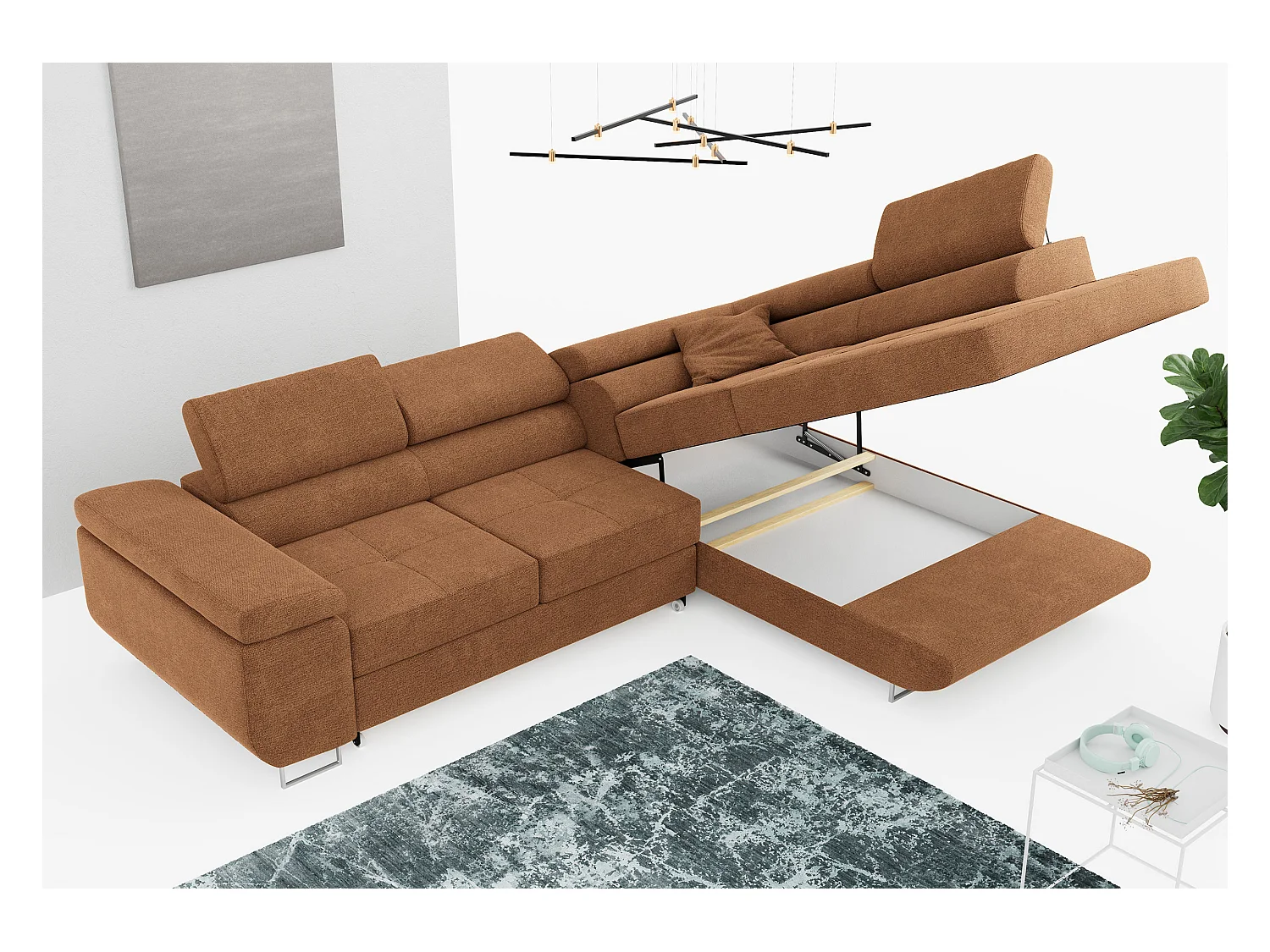 Ecksofa GUSTAW - mit Schlaffunktion, verstellbare Kopfstützen, Metallbeine - Orange Stukture - Ecke Rechts