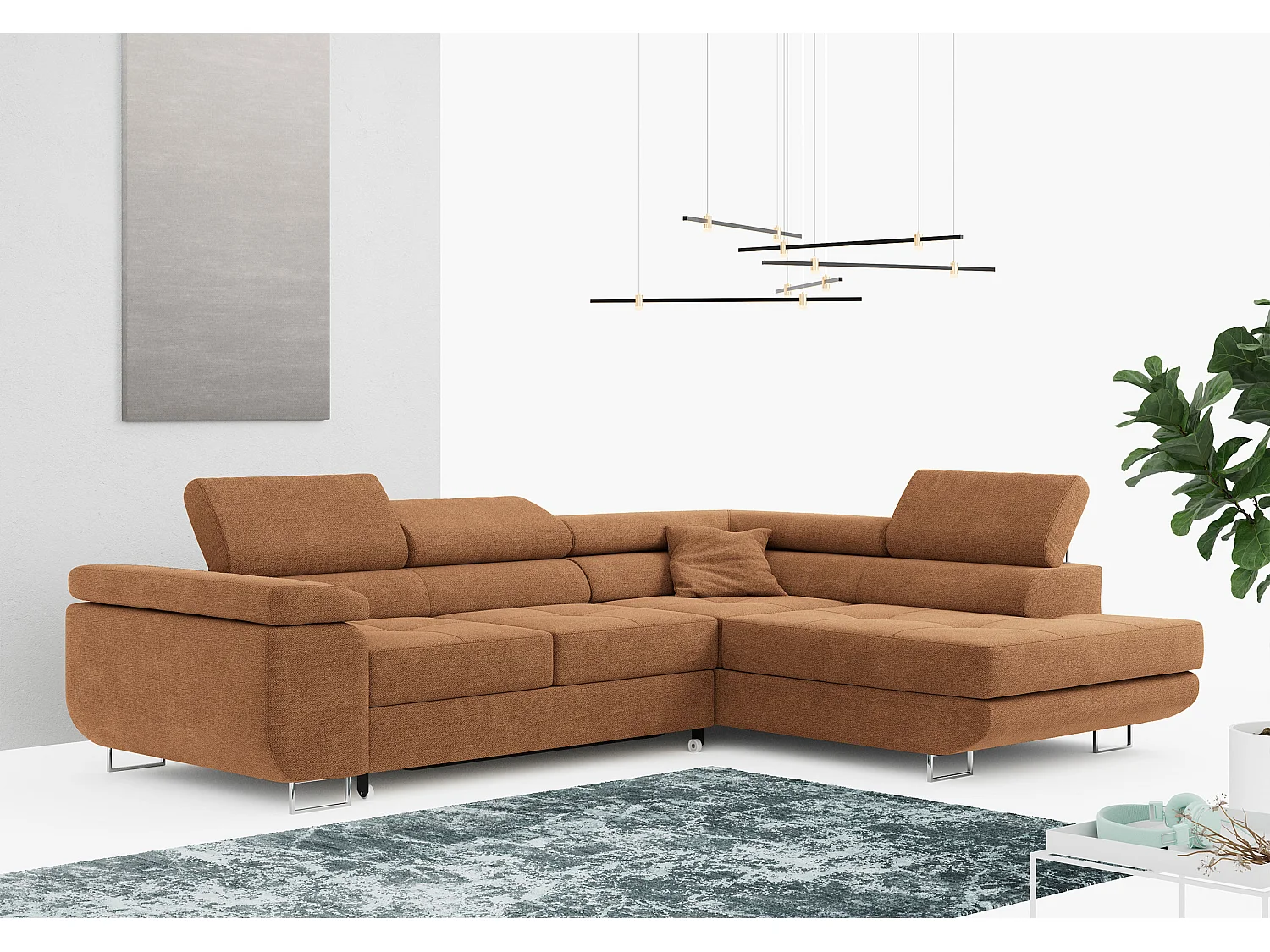 Ecksofa GUSTAW - mit Schlaffunktion, verstellbare Kopfstützen, Metallbeine - Orange Stukture - Ecke Rechts