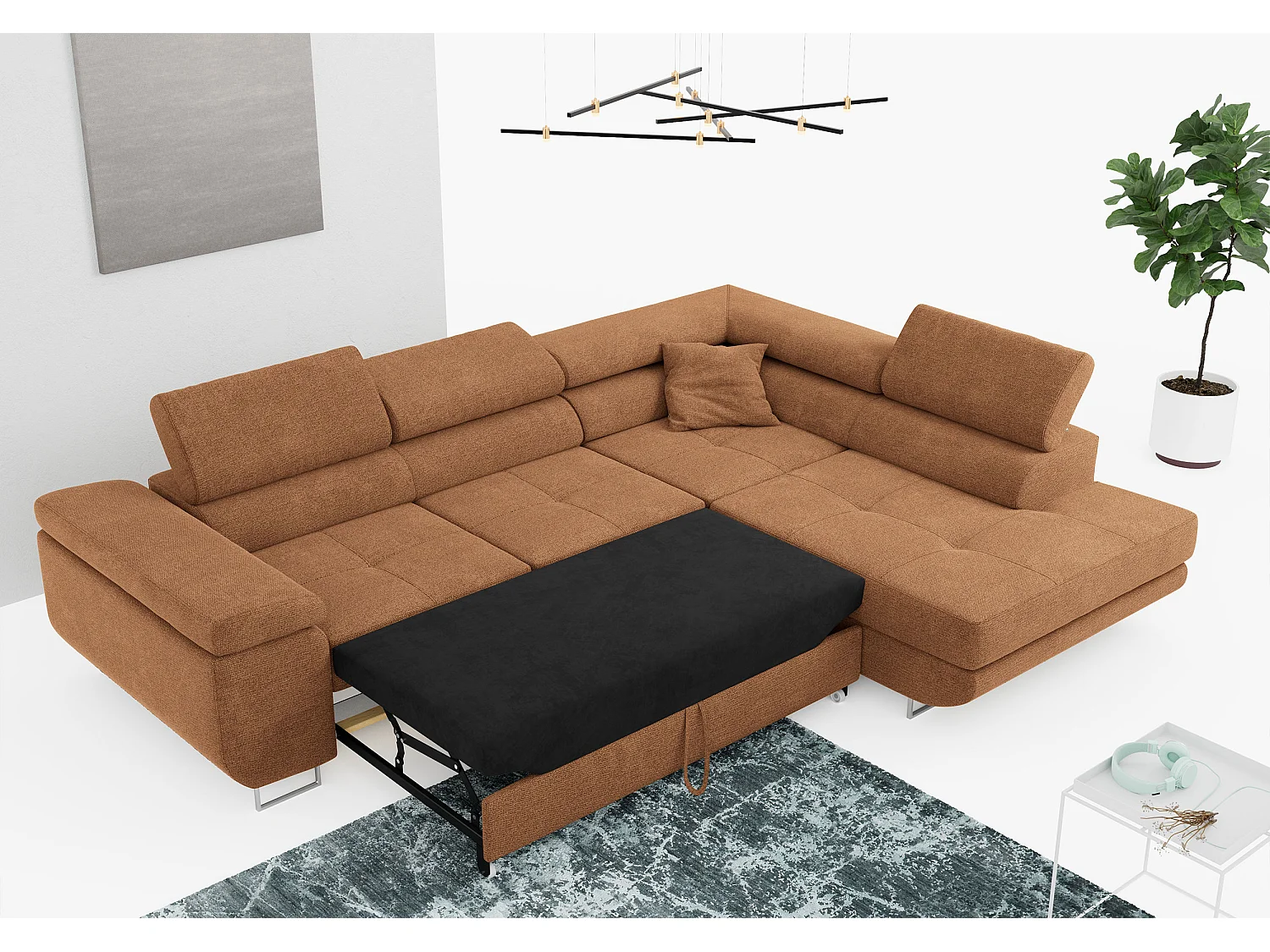 Ecksofa GUSTAW - mit Schlaffunktion, verstellbare Kopfstützen, Metallbeine - Orange Stukture - Ecke Rechts