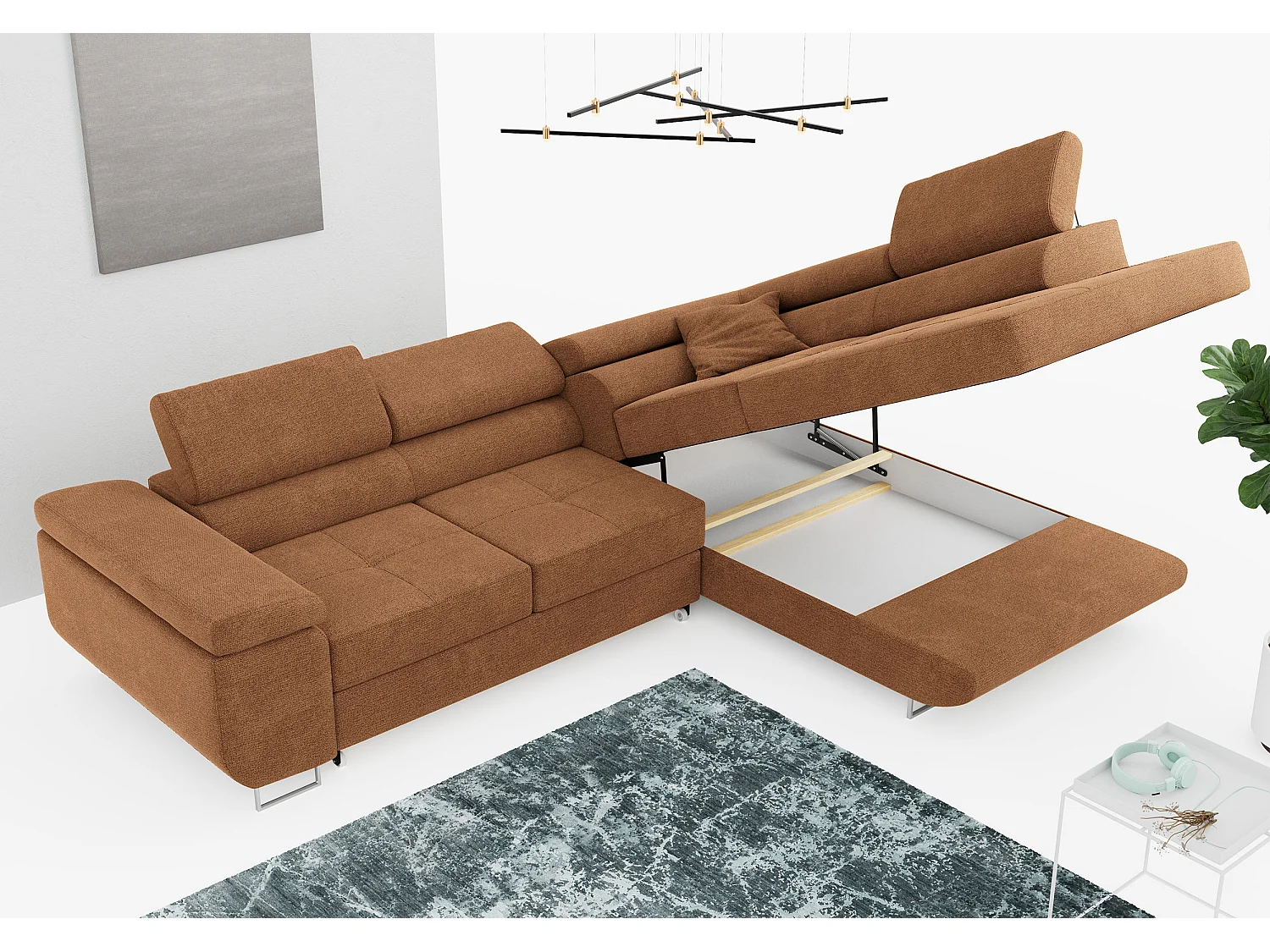 Ecksofa GUSTAW - mit Schlaffunktion, verstellbare Kopfstützen, Metallbeine - Orange Stukture - Ecke Rechts