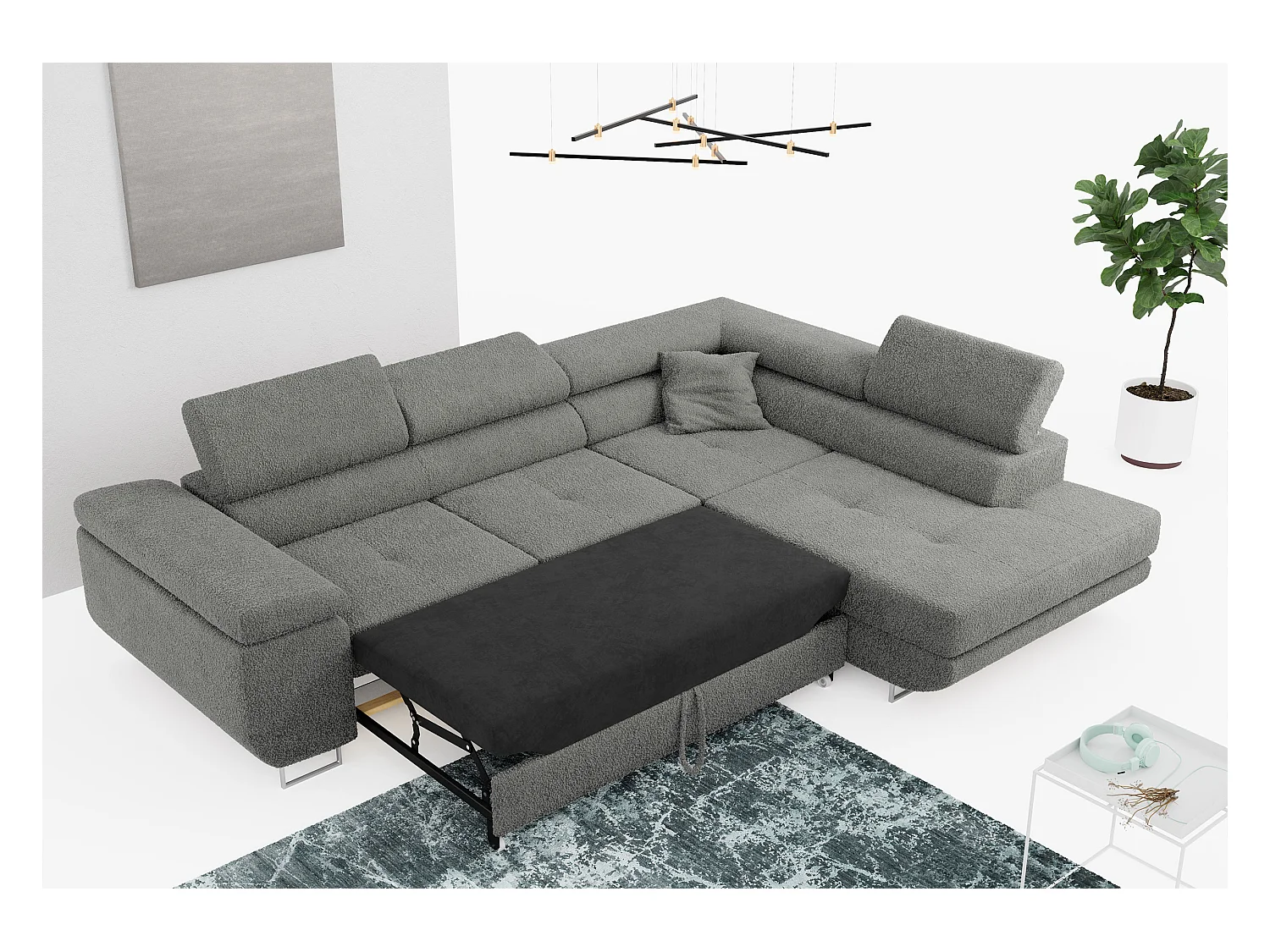 Ecksofa GUSTAW - mit Schlaffunktion, verstellbare Kopfstützen, Metallbeine - Grau Boucle - Ecke Rechts