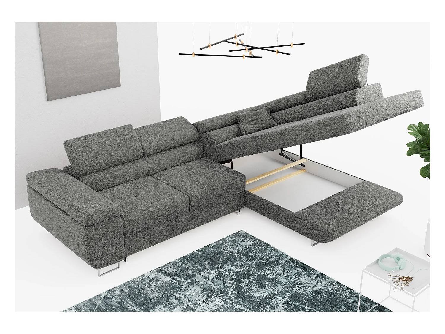 Ecksofa GUSTAW - mit Schlaffunktion, verstellbare Kopfstützen, Metallbeine - Grau Boucle - Ecke Rechts