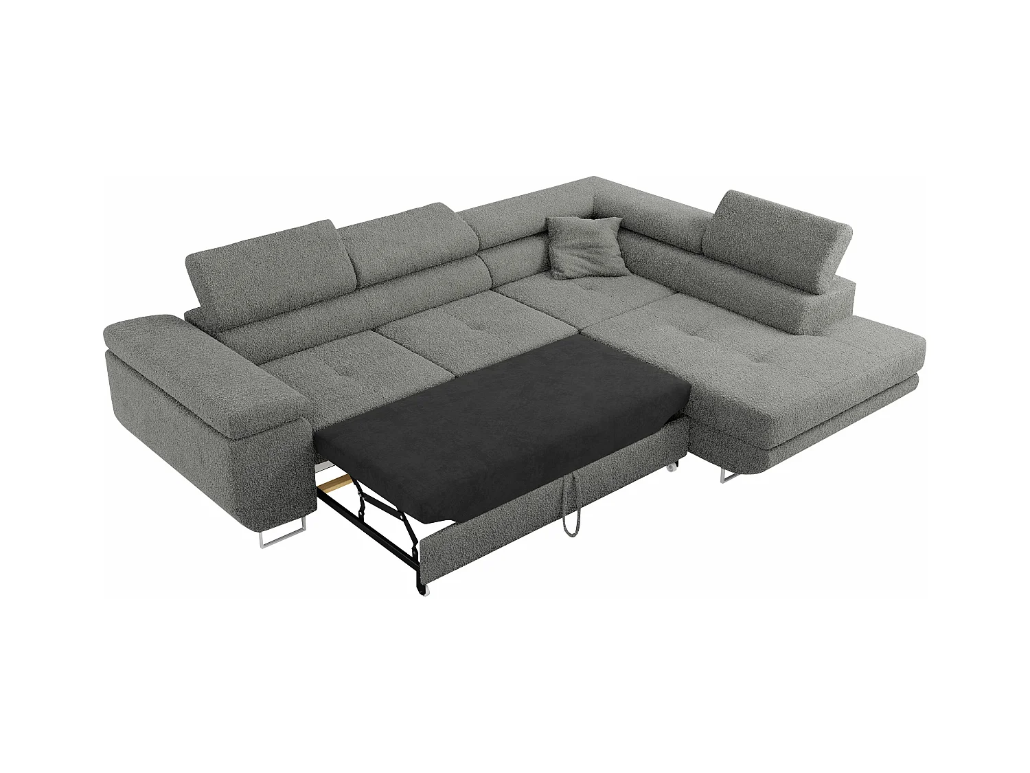 Ecksofa GUSTAW - mit Schlaffunktion, verstellbare Kopfstützen, Metallbeine - Grau Boucle - Ecke Rechts