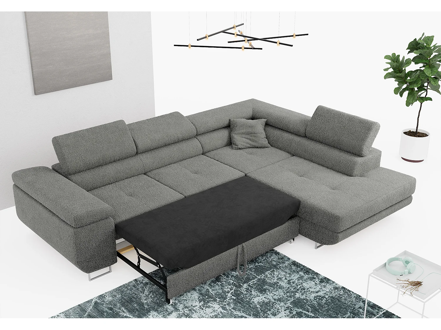 Ecksofa GUSTAW - mit Schlaffunktion, verstellbare Kopfstützen, Metallbeine - Grau Boucle - Ecke Rechts