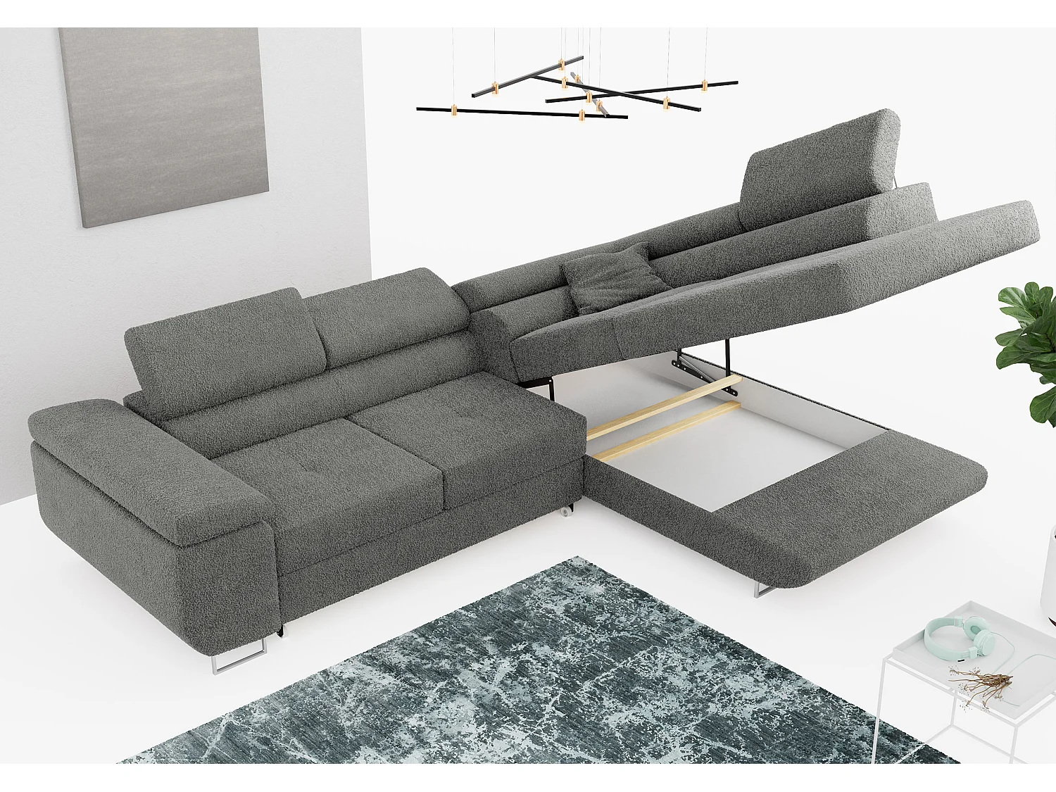 Ecksofa GUSTAW - mit Schlaffunktion, verstellbare Kopfstützen, Metallbeine - Grau Boucle - Ecke Rechts
