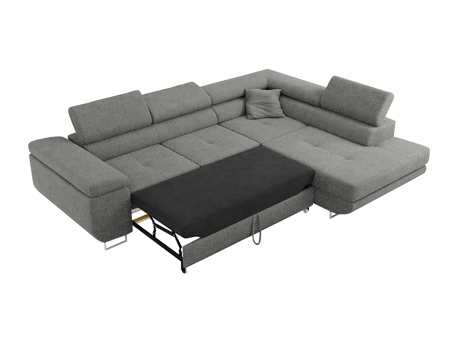 Ecksofa GUSTAW - mit Schlaffunktion, verstellbare Kopfstützen, Metallbeine - Grau Boucle - Ecke Rechts