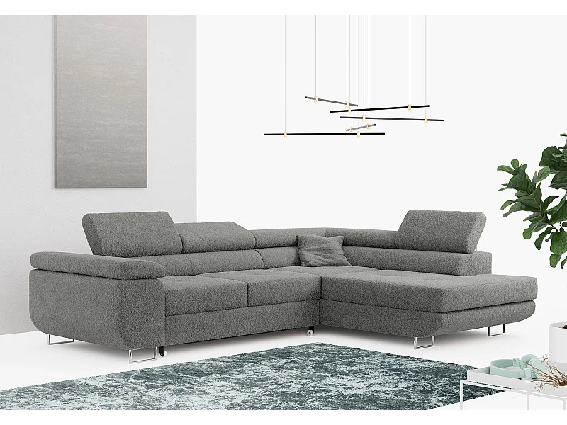 Ecksofa GUSTAW - mit Schlaffunktion, verstellbare Kopfstützen, Metallbeine - Grau Boucle - Ecke Rechts