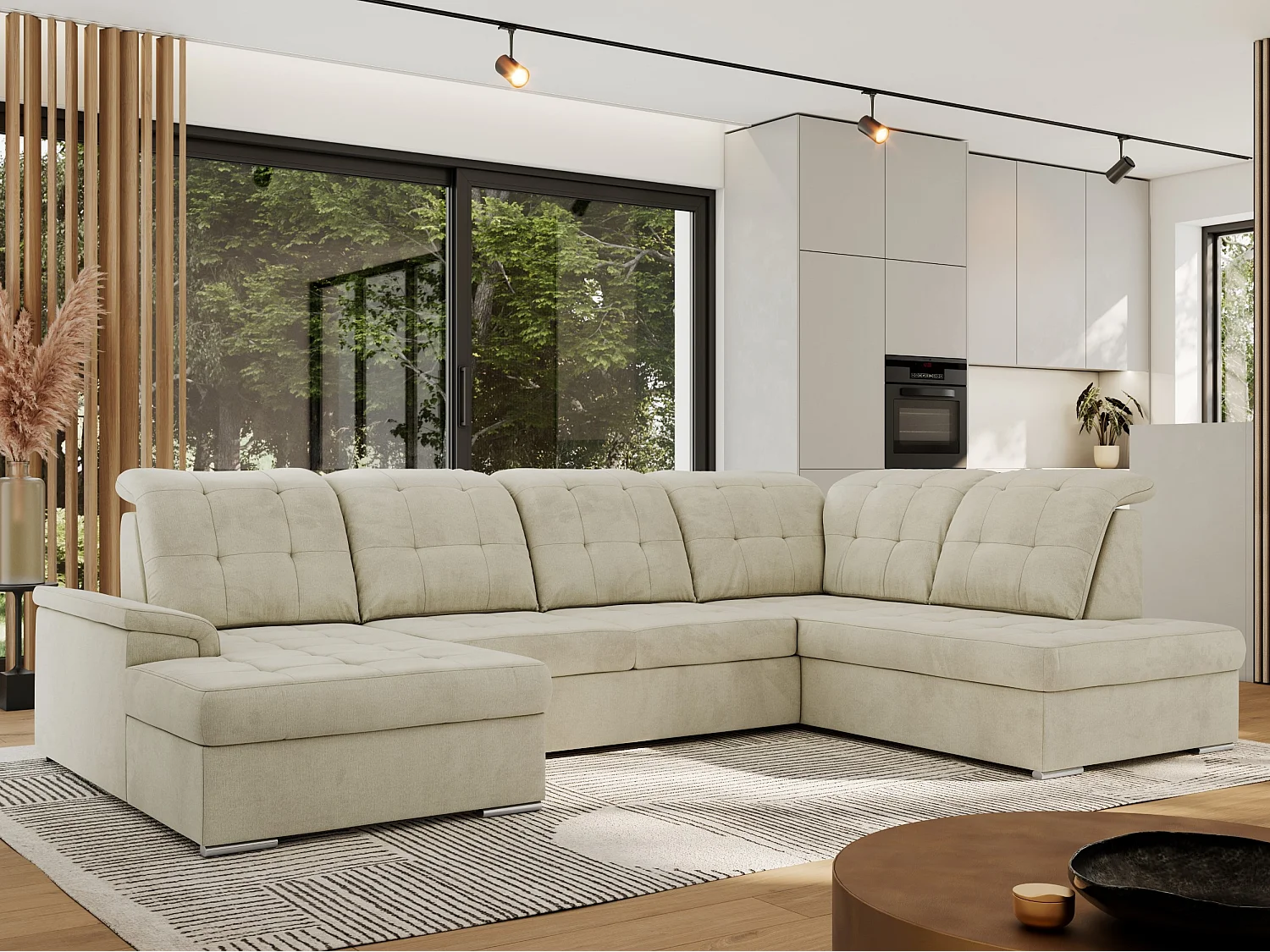 Ecksofa MADRITO U - mit verstellbarer Rückenlehne, Armlehne, L-förmige Ecke, Bettkasten - Beige Velvet - Ecke Rechts