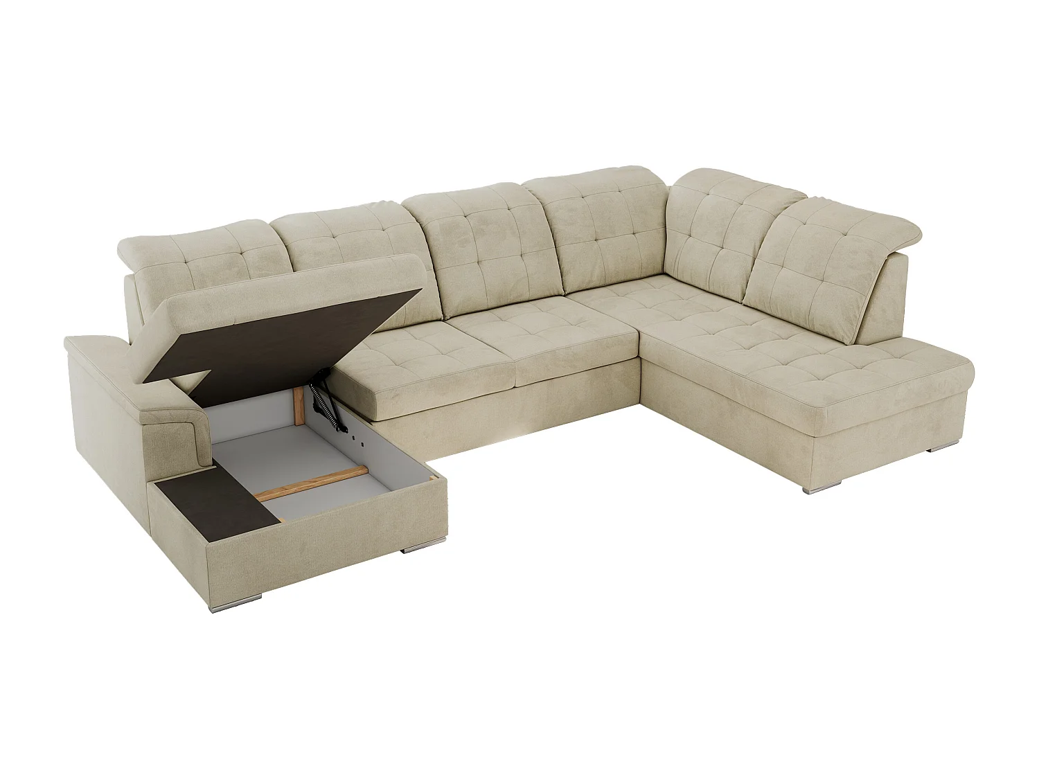 Ecksofa MADRITO U - mit verstellbarer Rückenlehne, Armlehne, L-förmige Ecke, Bettkasten - Beige Velvet - Ecke Rechts