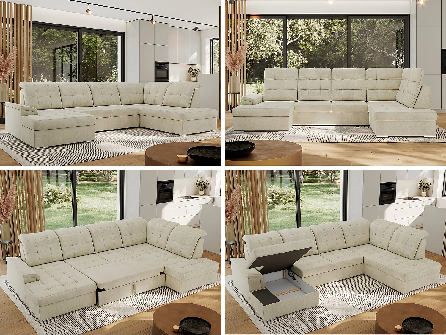 Ecksofa MADRITO U - mit verstellbarer Rückenlehne, Armlehne, L-förmige Ecke, Bettkasten - Beige Velvet - Ecke Rechts