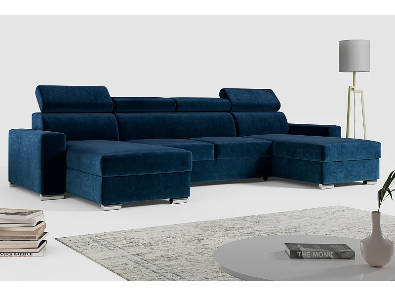 Ecksofa FOX U - verstellbare Kopfstützen, zwei Bettkästen, L-förmige Ecke mit Schlaffunktion, Armlehnen - Dunkelblau, Velvet