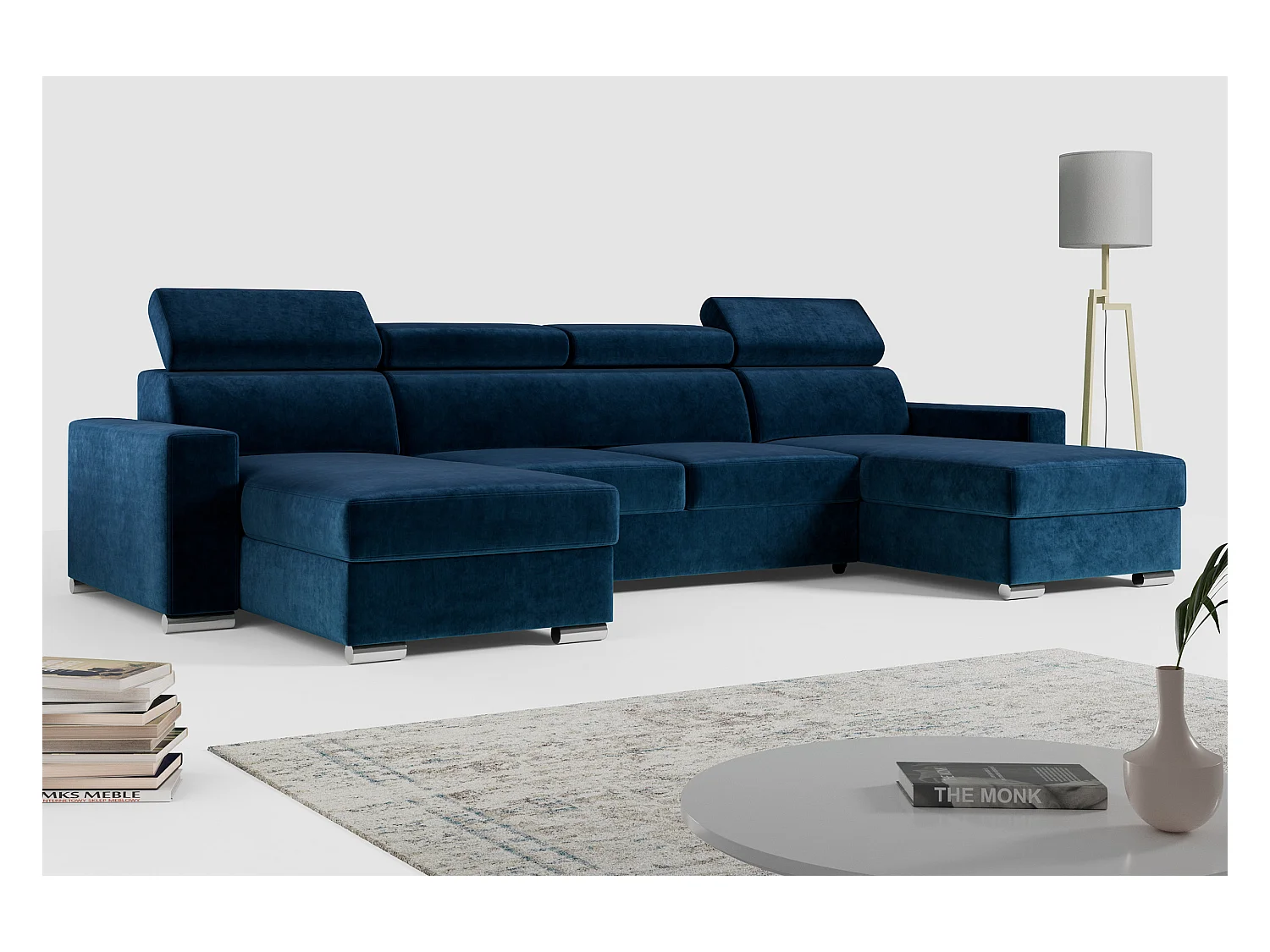 Ecksofa FOX U - verstellbare Kopfstützen, zwei Bettkästen, L-förmige Ecke mit Schlaffunktion, Armlehnen - Dunkelblau, Velvet