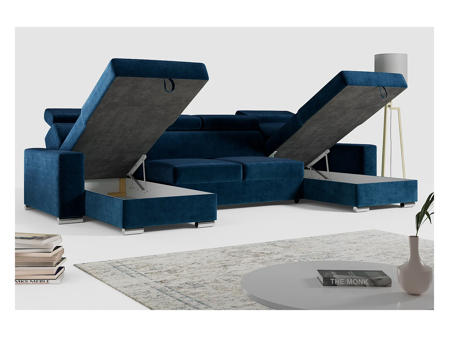 Ecksofa FOX U - verstellbare Kopfstützen, zwei Bettkästen, L-förmige Ecke mit Schlaffunktion, Armlehnen - Dunkelblau, Velvet