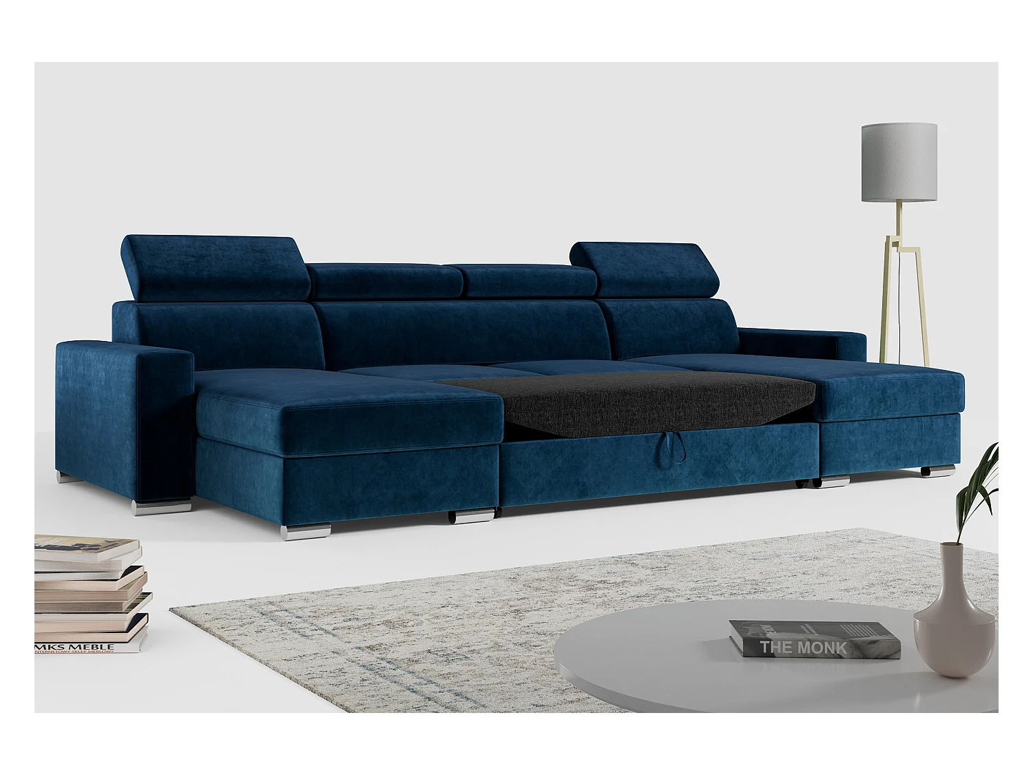 Ecksofa FOX U - verstellbare Kopfstützen, zwei Bettkästen, L-förmige Ecke mit Schlaffunktion, Armlehnen - Dunkelblau, Velvet