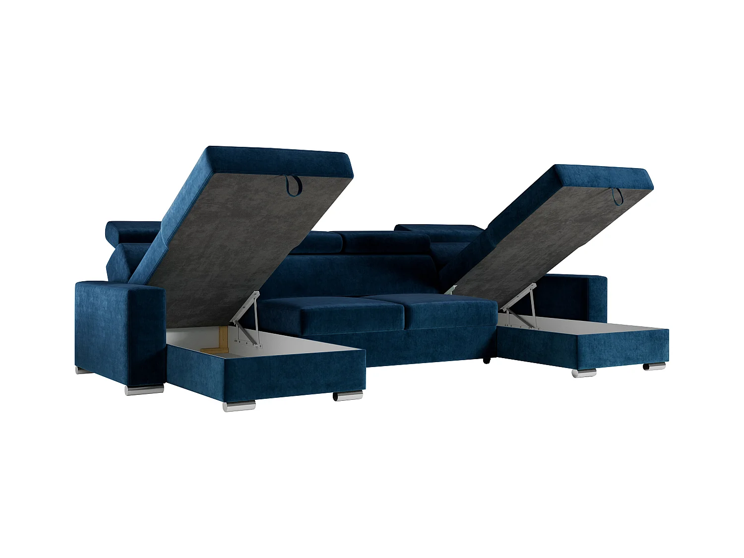 Ecksofa FOX U - verstellbare Kopfstützen, zwei Bettkästen, L-förmige Ecke mit Schlaffunktion, Armlehnen - Dunkelblau, Velvet