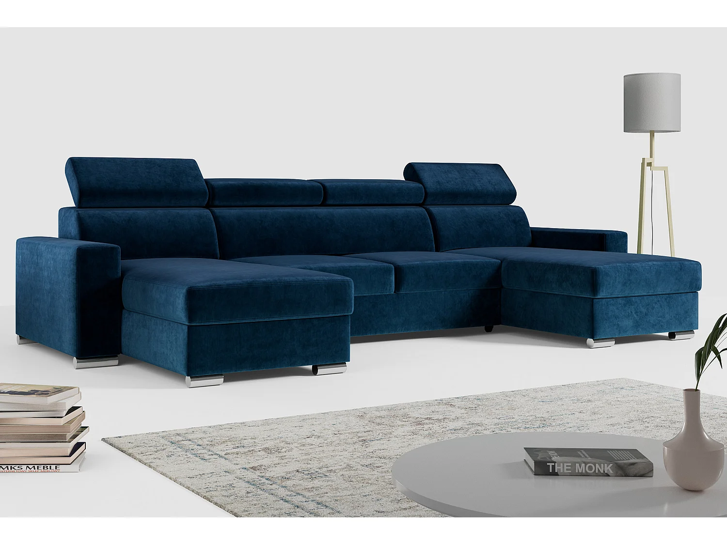 Ecksofa FOX U - verstellbare Kopfstützen, zwei Bettkästen, L-förmige Ecke mit Schlaffunktion, Armlehnen - Dunkelblau, Velvet