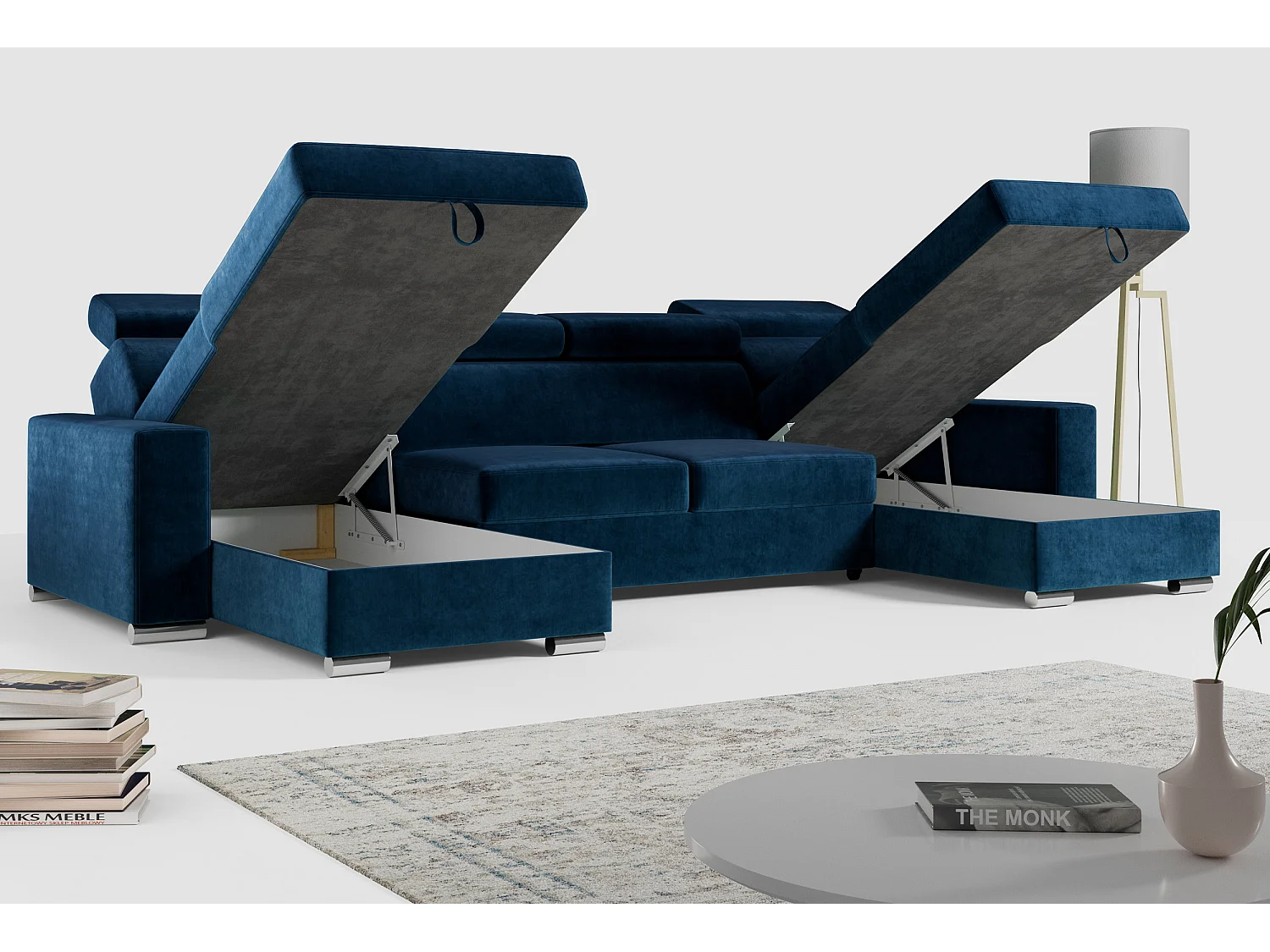 Ecksofa FOX U - verstellbare Kopfstützen, zwei Bettkästen, L-förmige Ecke mit Schlaffunktion, Armlehnen - Dunkelblau, Velvet