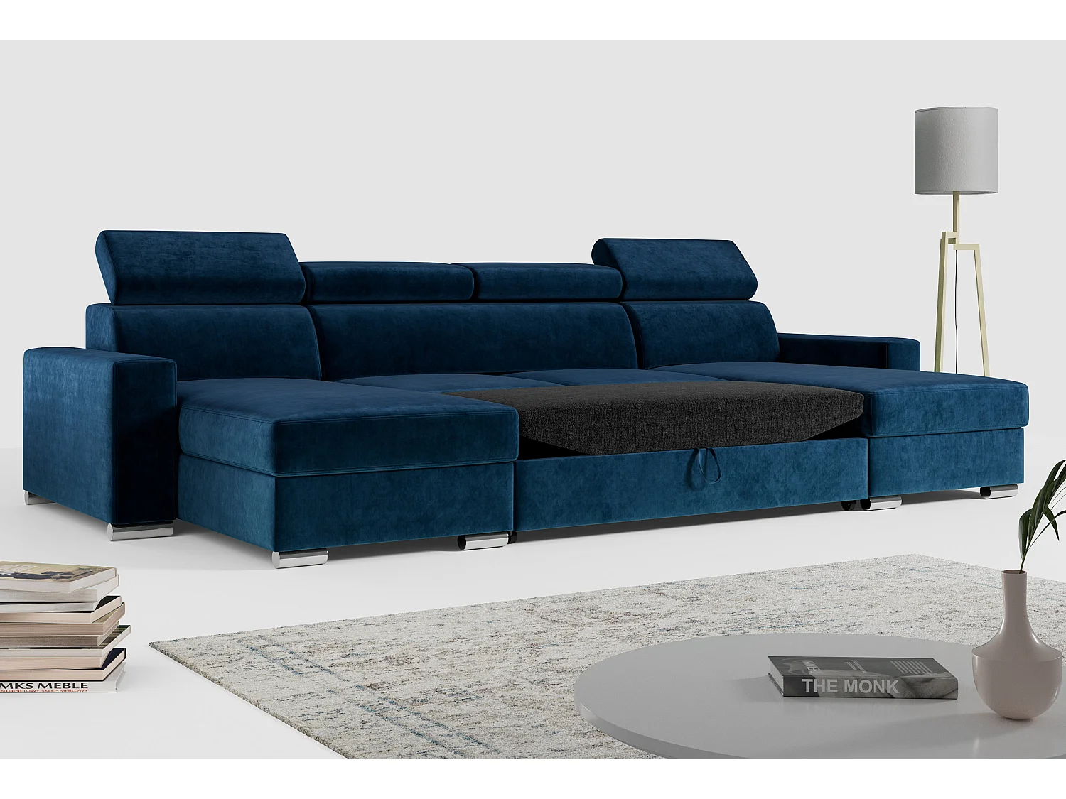 Ecksofa FOX U - verstellbare Kopfstützen, zwei Bettkästen, L-förmige Ecke mit Schlaffunktion, Armlehnen - Dunkelblau, Velvet