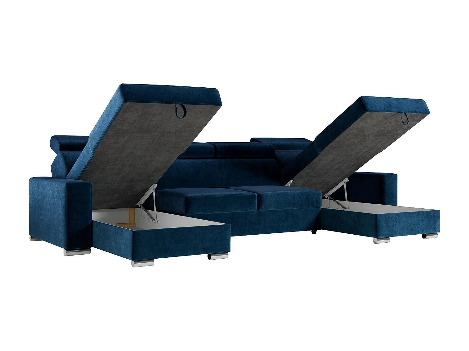 Ecksofa FOX U - verstellbare Kopfstützen, zwei Bettkästen, L-förmige Ecke mit Schlaffunktion, Armlehnen - Dunkelblau, Velvet
