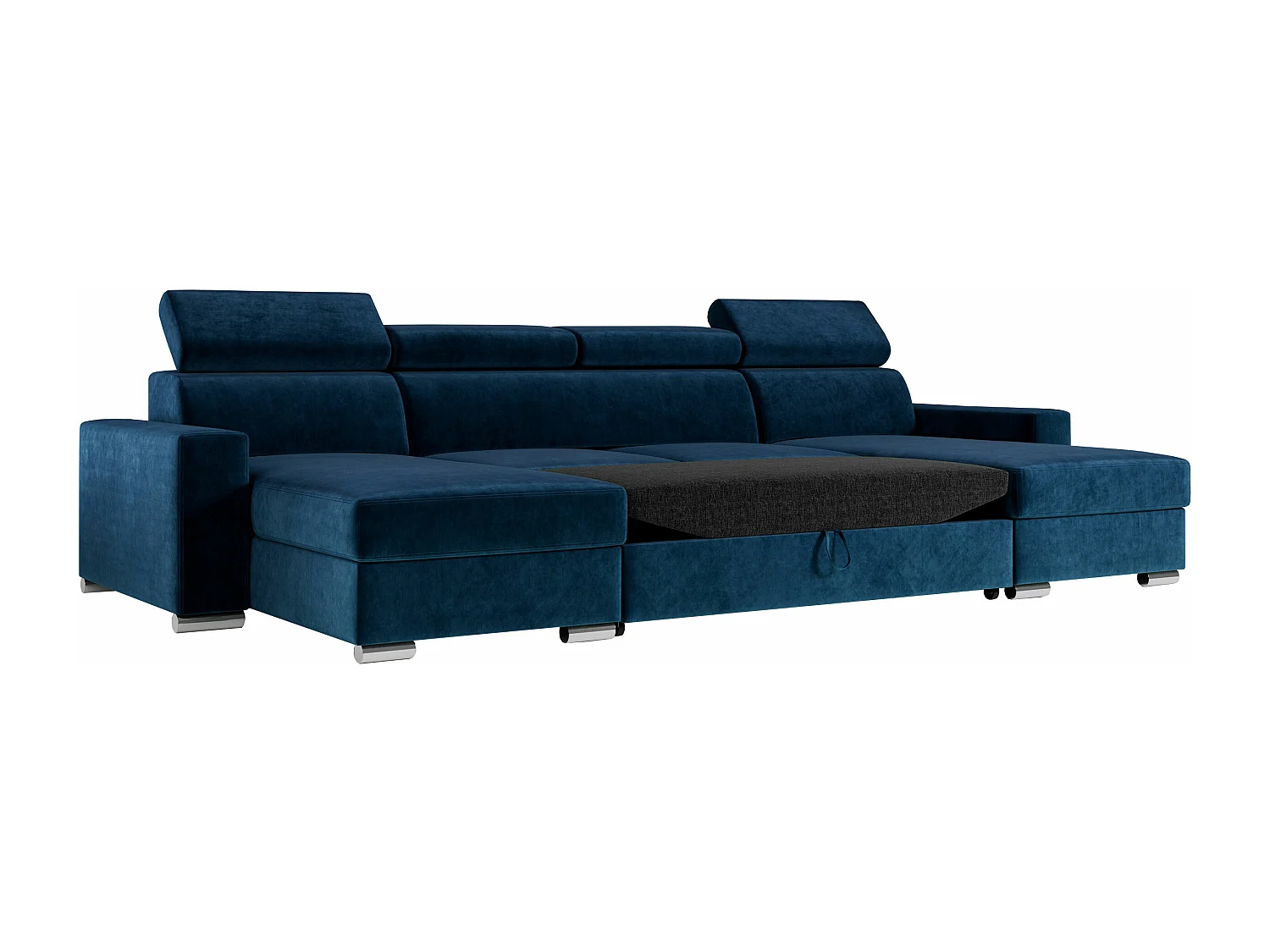 Ecksofa FOX U - verstellbare Kopfstützen, zwei Bettkästen, L-förmige Ecke mit Schlaffunktion, Armlehnen - Dunkelblau, Velvet