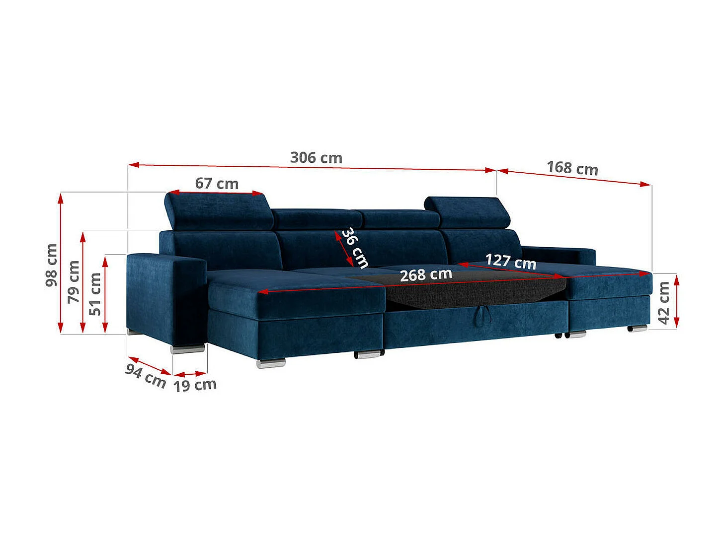 Ecksofa FOX U - verstellbare Kopfstützen, zwei Bettkästen, L-förmige Ecke mit Schlaffunktion, Armlehnen - Dunkelblau, Velvet