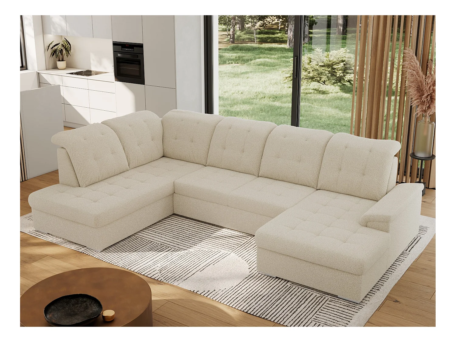 Ecksofa MADRITO U - mit verstellbarer Rückenlehne, Armlehne, L-förmige Ecke, Bettkasten - Beige Boucle - Ecke Links