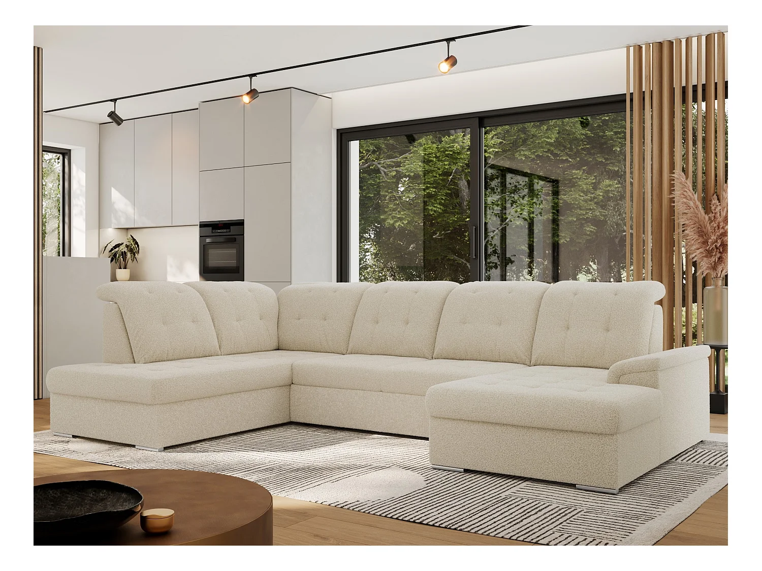 Ecksofa MADRITO U - mit verstellbarer Rückenlehne, Armlehne, L-förmige Ecke, Bettkasten - Beige Boucle - Ecke Links