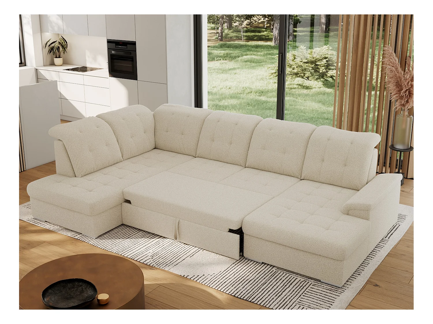 Ecksofa MADRITO U - mit verstellbarer Rückenlehne, Armlehne, L-förmige Ecke, Bettkasten - Beige Boucle - Ecke Links