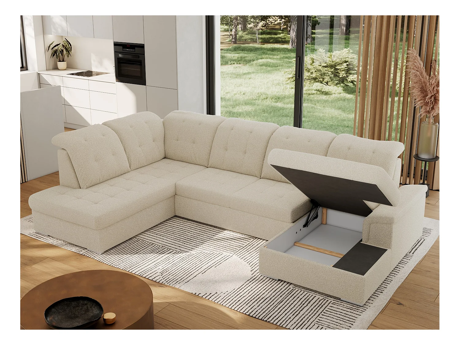 Ecksofa MADRITO U - mit verstellbarer Rückenlehne, Armlehne, L-förmige Ecke, Bettkasten - Beige Boucle - Ecke Links